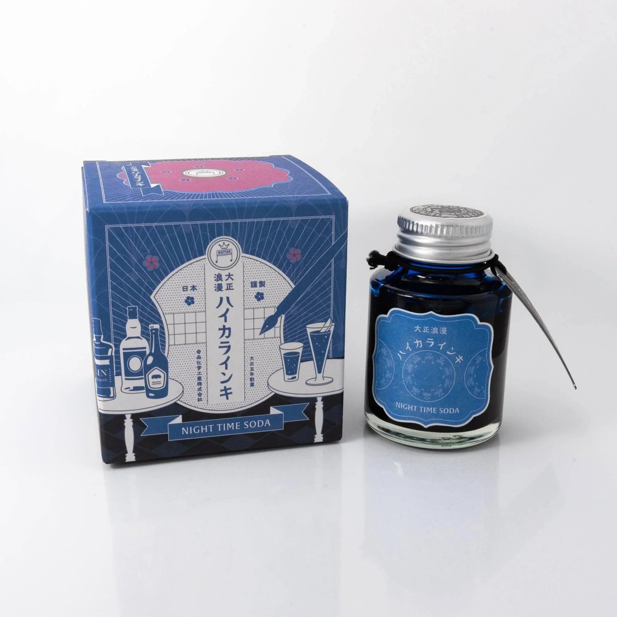 Taisho Romance Nighttime Soda fountain pen ink bottle with ornate art nouveau label design detail shot