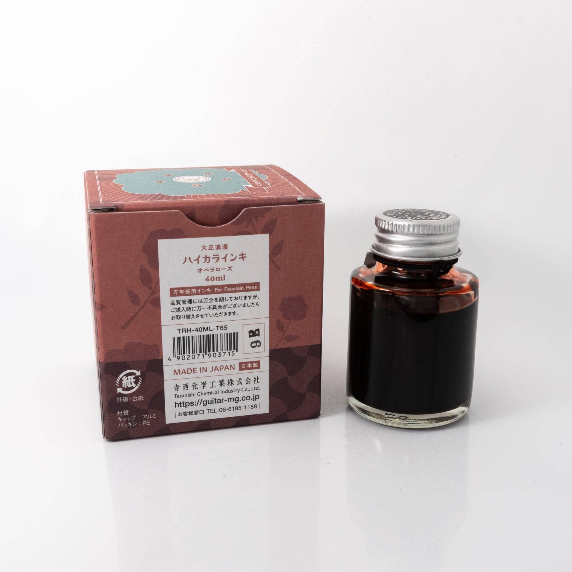 The back of the "OPERA ROSE" ink box and bottle, a Japanese stationery item, with product details and barcode.