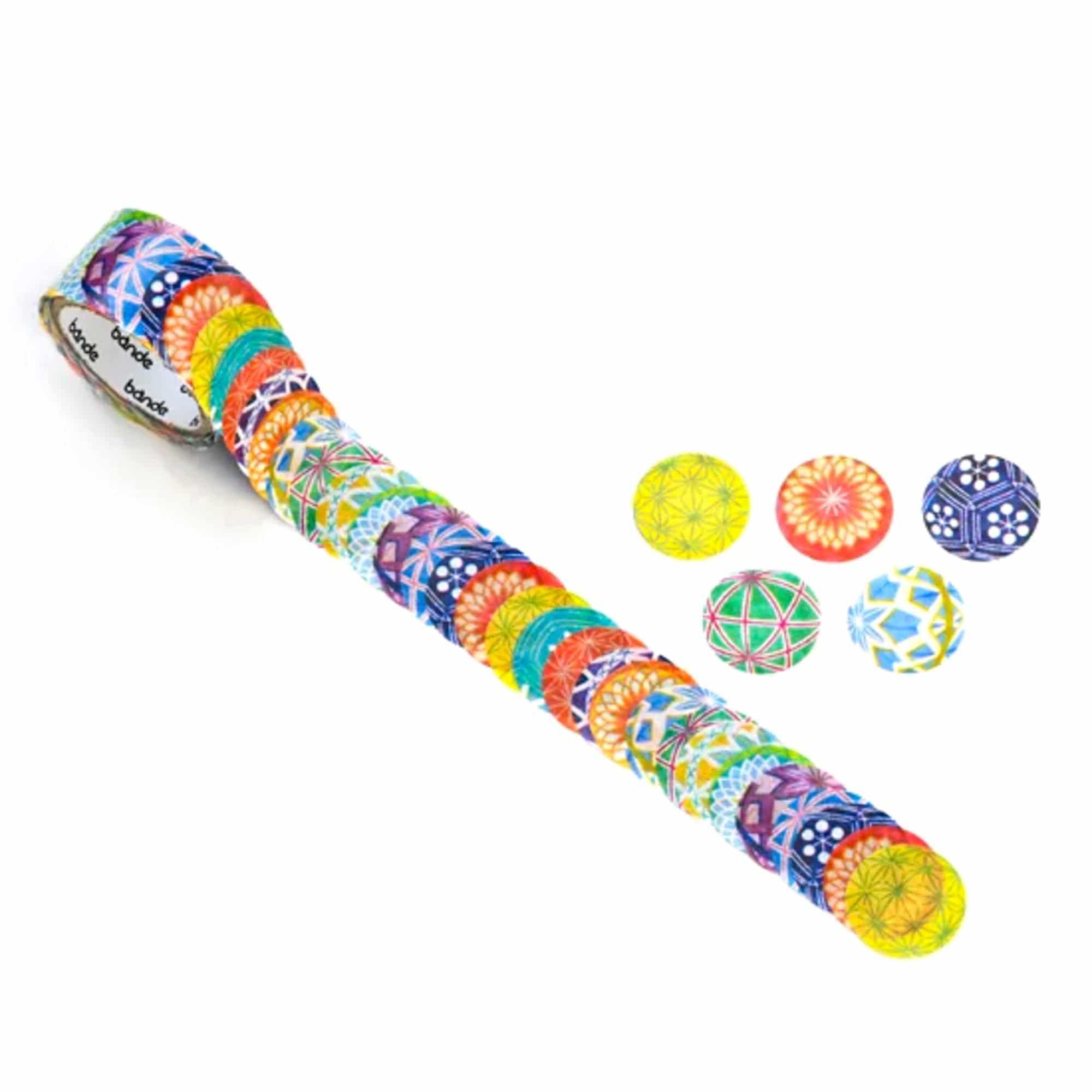 Temari Bande washi tape sticker roll diagonal angle displaying colorful geometric ball-patterned tape