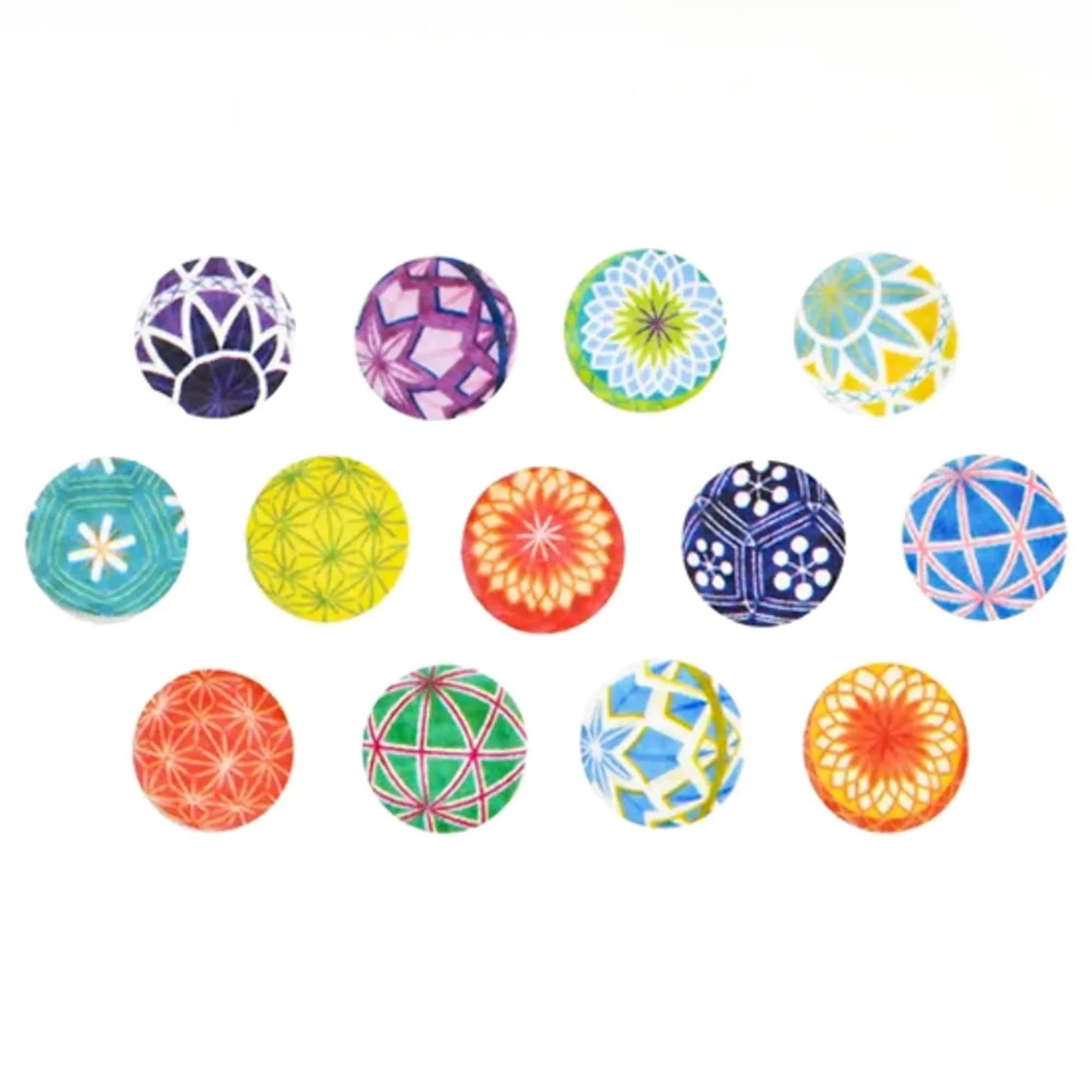 Temari Bande stickers overhead flat lay showing diverse colorful ball motif designs on white background