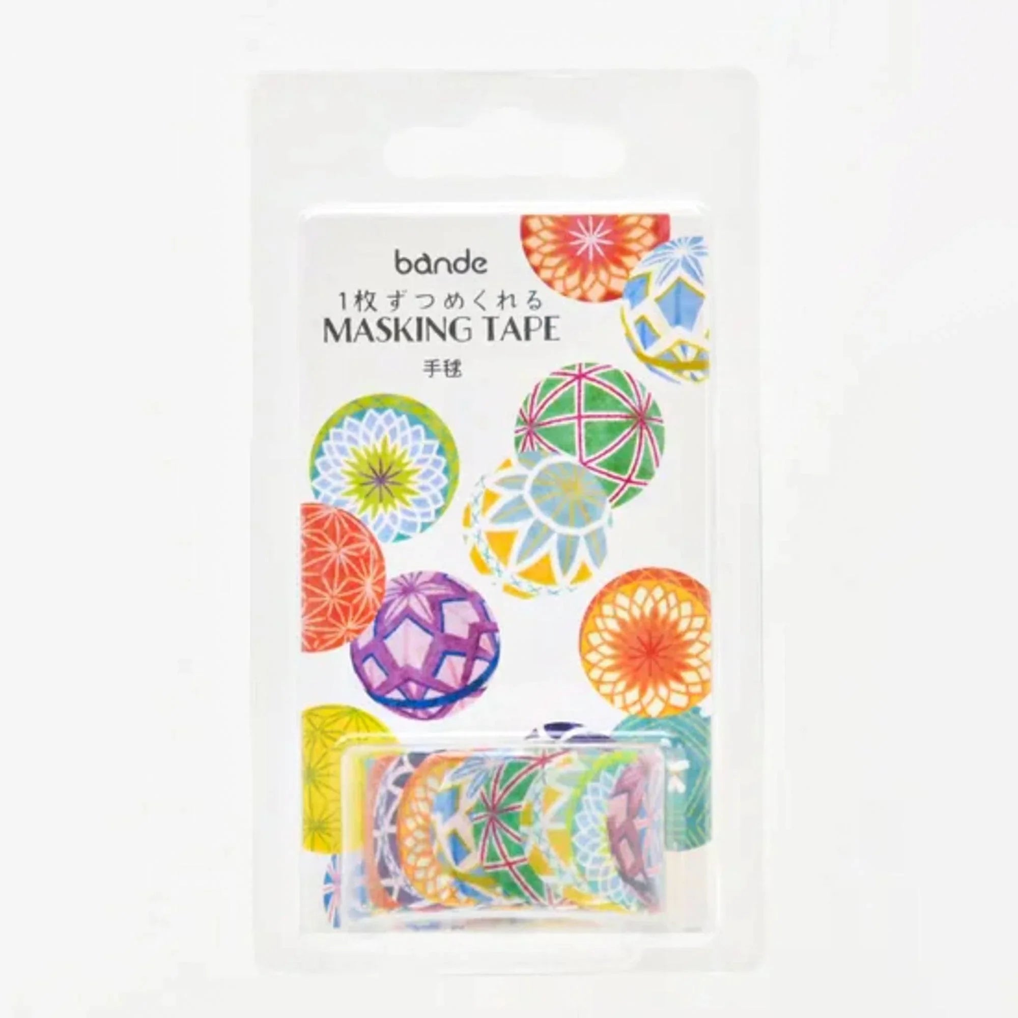 Temari masking tape package display with vibrant rainbow geometric ball pattern sticker designs and colors