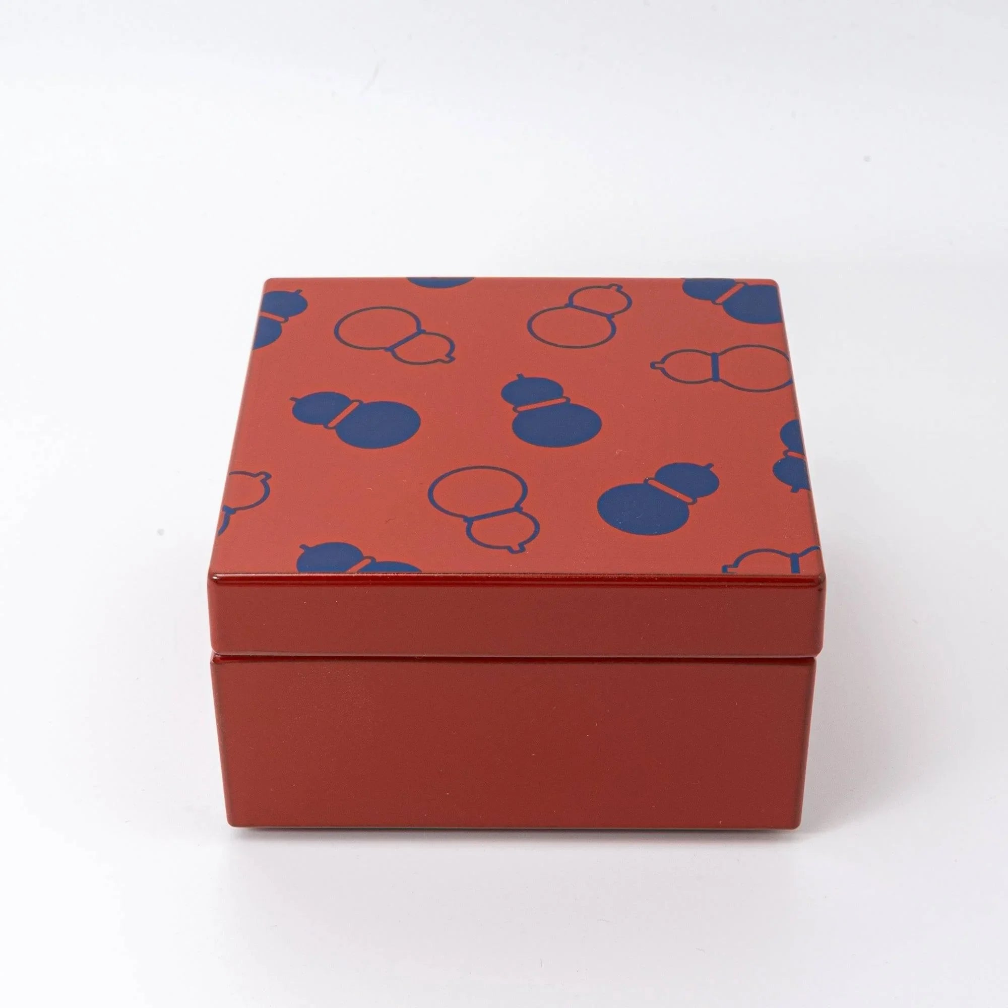Japanese urushi kohako rectangular lacquer trinket box with gourd hyotan design on coral-russet red lacquer lid