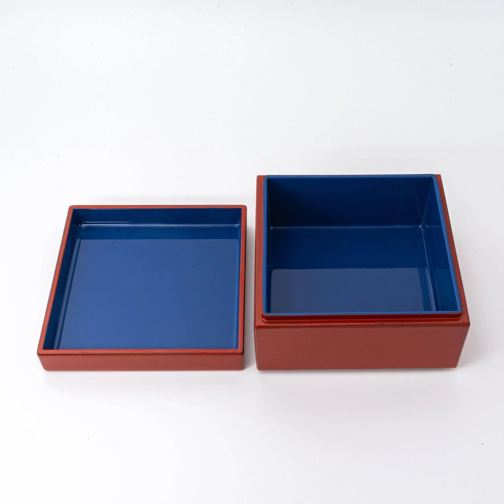 Urushi kohako gourd lacquer trinket box open interior detail showing red urushi with navy blue gourd design pattern