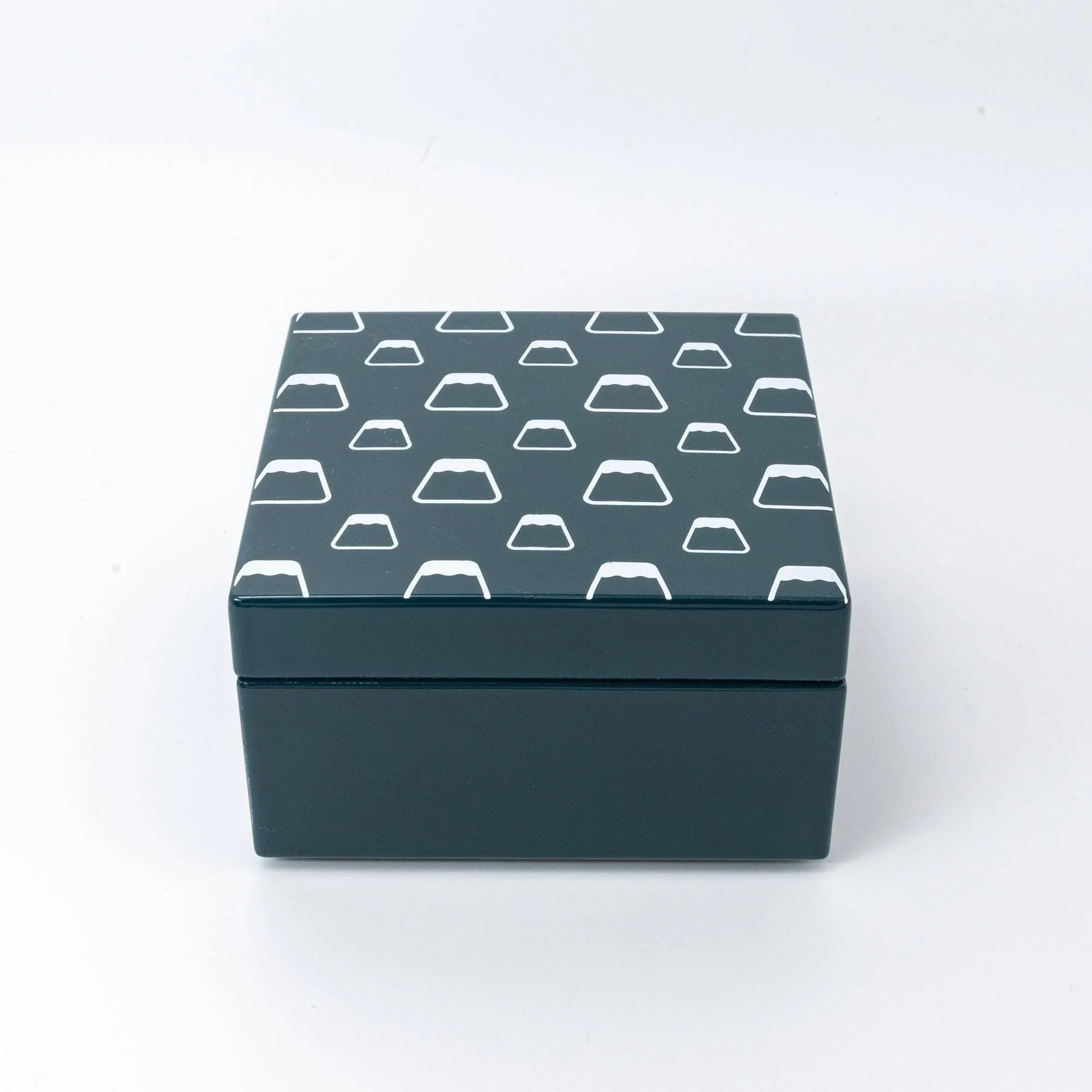 Japanese urushi kohako rectangular lacquer trinket box with gray-green lacquer and white outlined Mt Fuji peaks