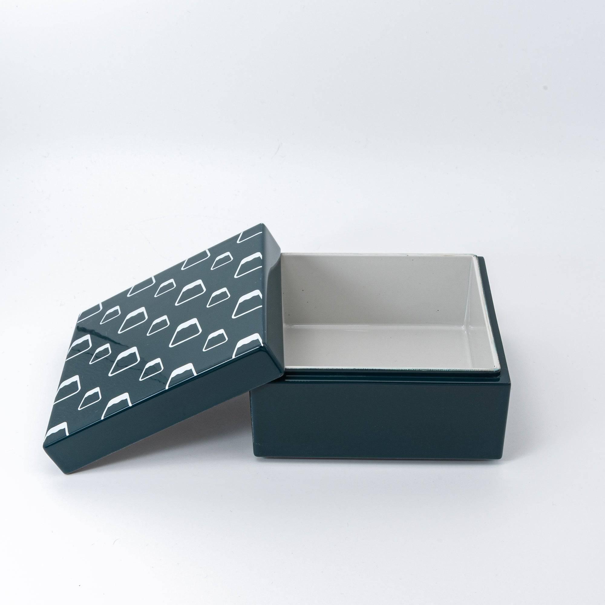 Open green Japanese lacquer stationery box with white Mount Fuji patterns and a plain white interior, displayed with its lid slightly tilted against a white background.