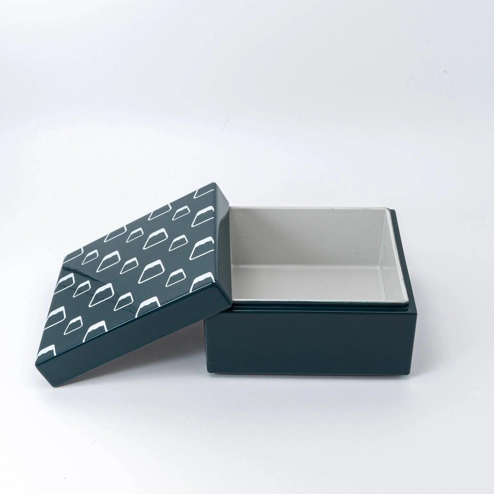 Kohako Mt Fuji lacquer trinket box detail showing gray-green urushi lacquer with white lined Mt Fuji peak pattern