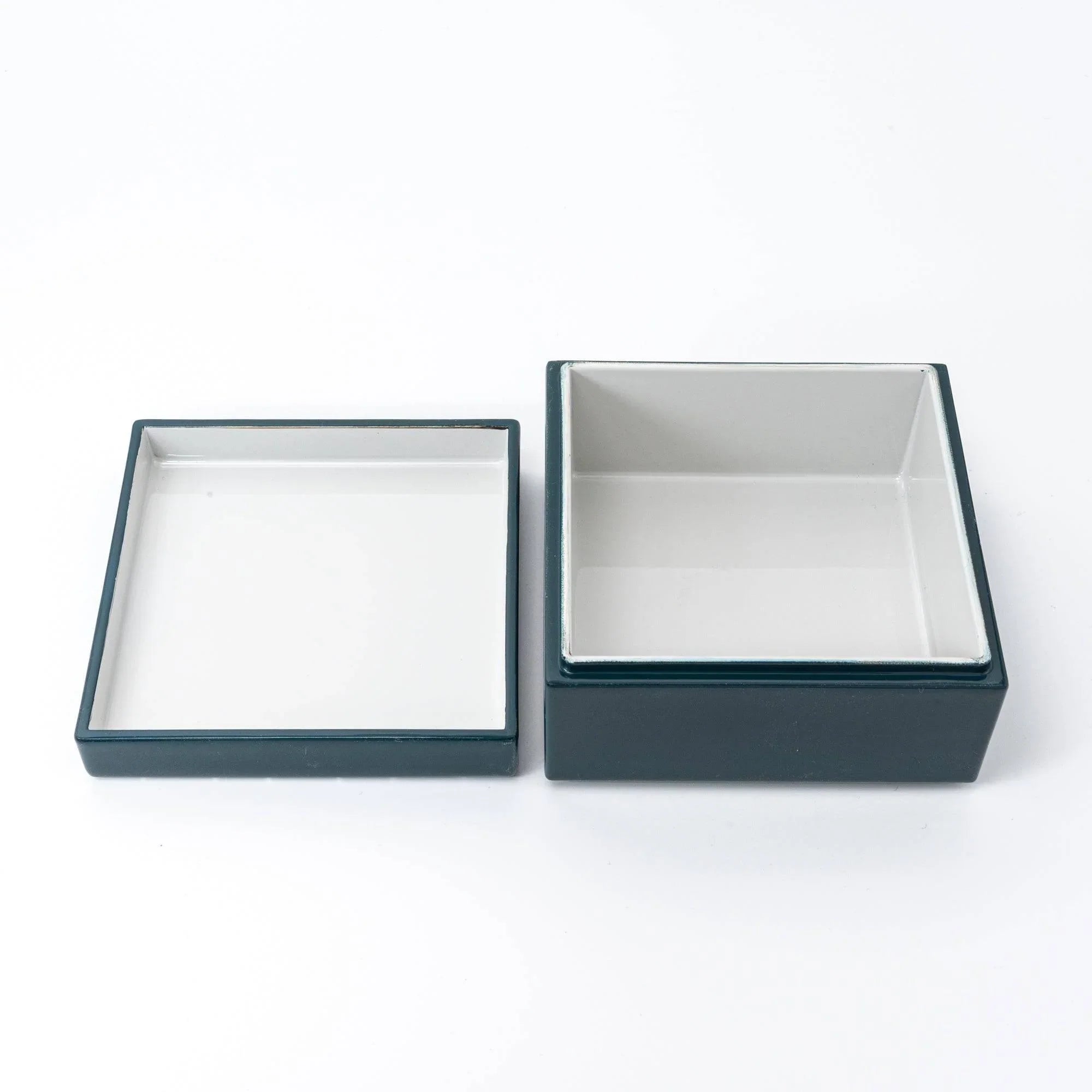 Japanese urushi kohako Mt Fuji trinket box open interior view showing gray-green lacquer with mountain peak design