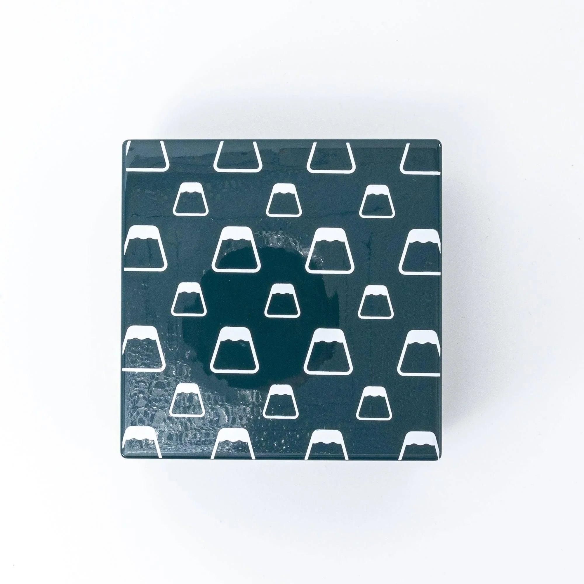 Urushi kohako Mt Fuji lacquer trinket box from above showing teal lacquer with scattered white mountain peak outlines