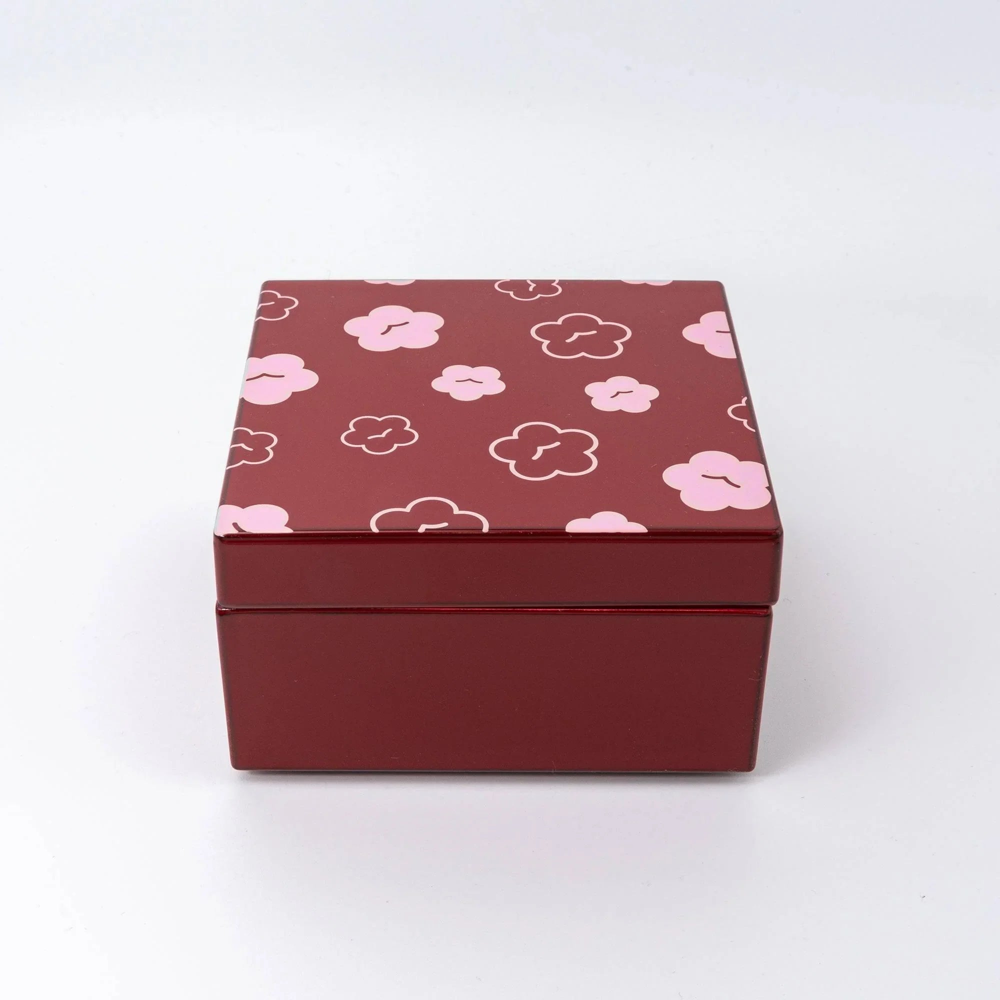 Japanese urushi kohako closed rectangular trinket box in deep burgundy red lacquer with gold and pink plum blossoms