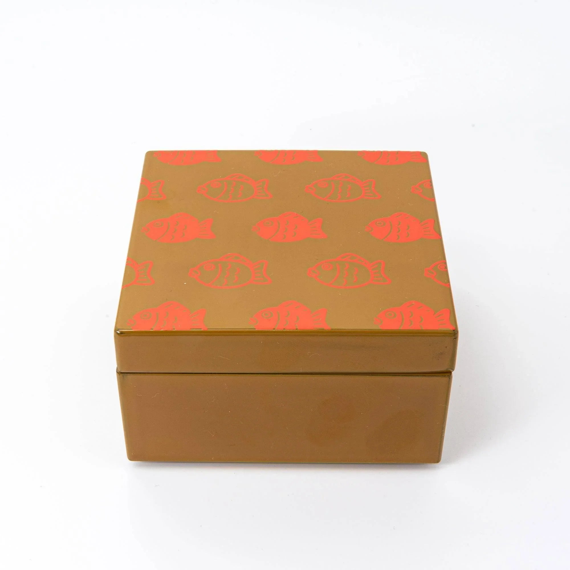 Japanese urushi kohako rectangular lacquer trinket box with sea bream tai fish design motif on lacquer lid