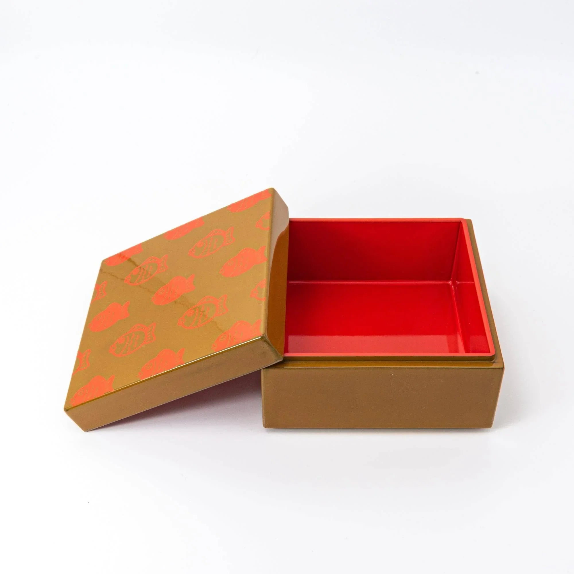 Japanese urushi kohako sea bream lacquer trinket box with red tai fish motif and tan lacquered finish