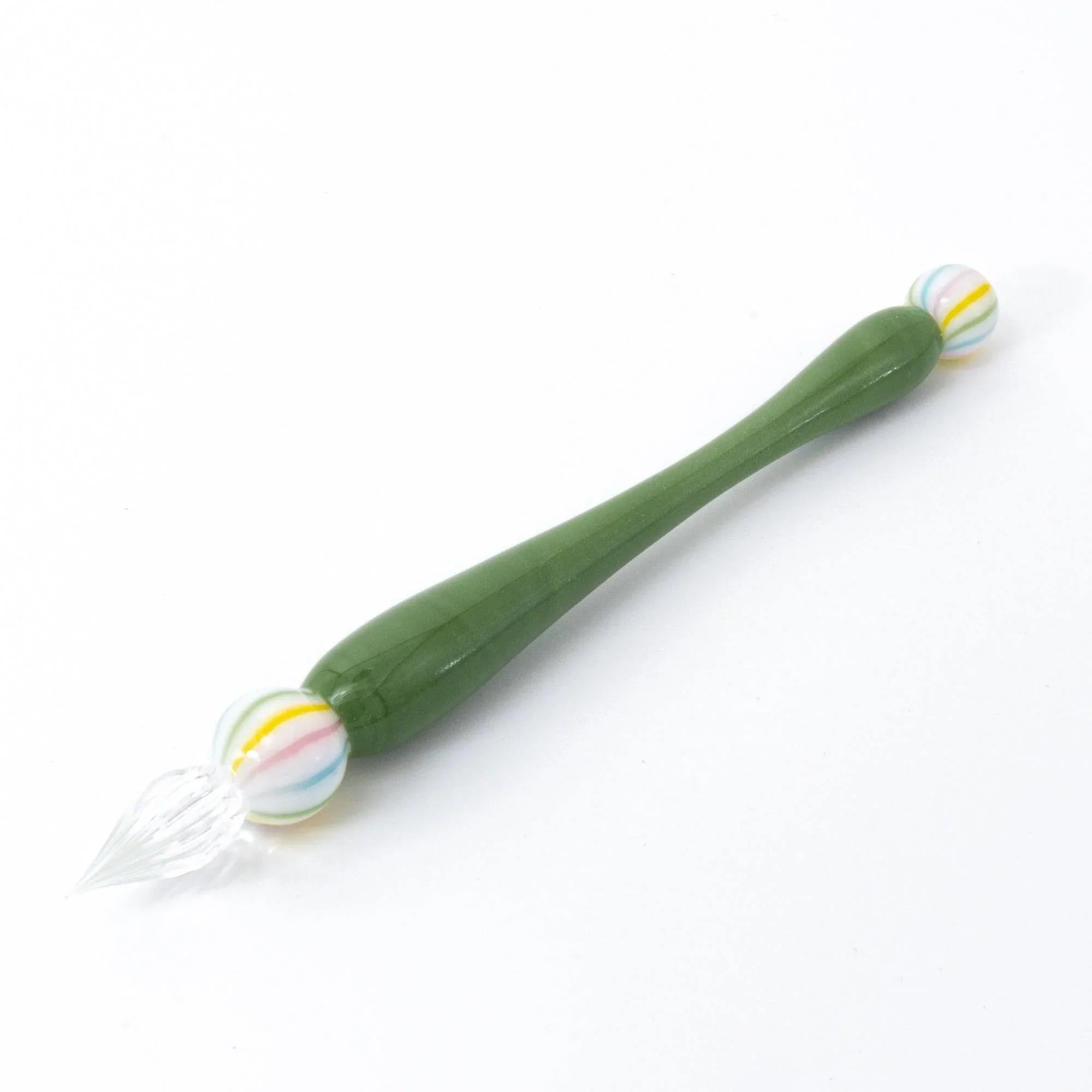 Wagashi Matcha green glass dip pen featuring sage green translucent shaft with decorative glass bead ornament
