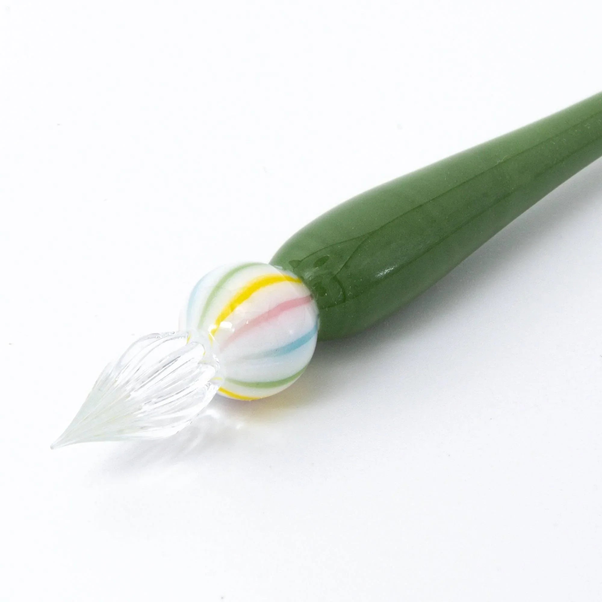 Wagashi Matcha glass dip pen detail highlighting sage green color and delicate glass construction throughout