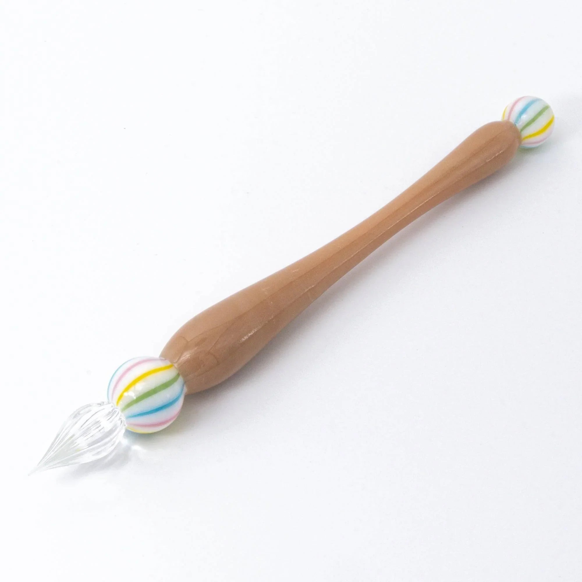 Wagashi Monaka glass dip pen with tan beige glass shaft and decorative wafer-inspired top element detail