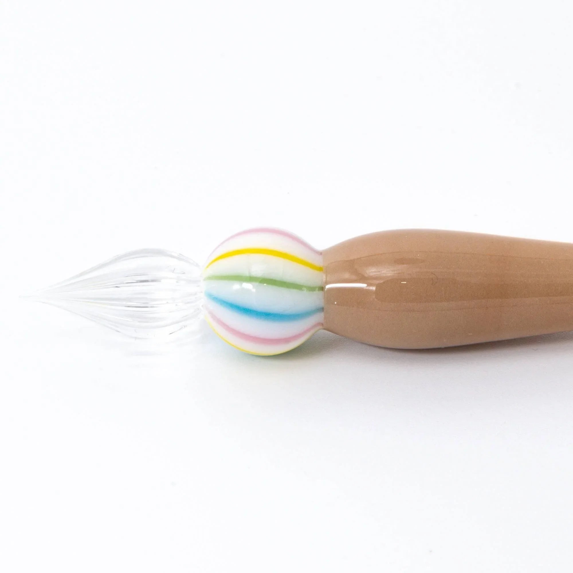 Wagashi Monaka glass dip pen side profile showing clear nib on left and wooden handle right with handle detail and