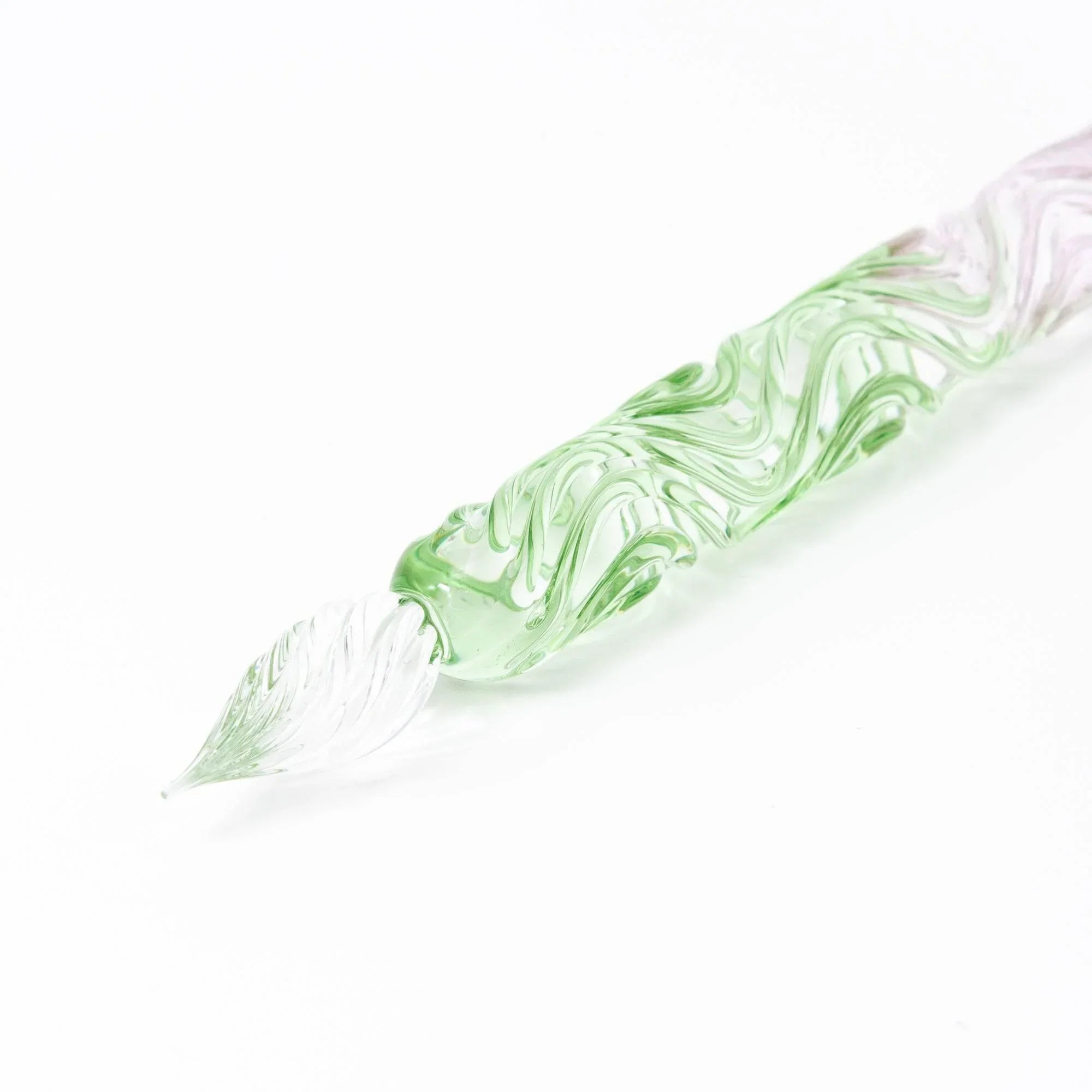 Bird-themed glass dip pen with twisted glass nib featuring white-eye warbling silhouette and glass with holder