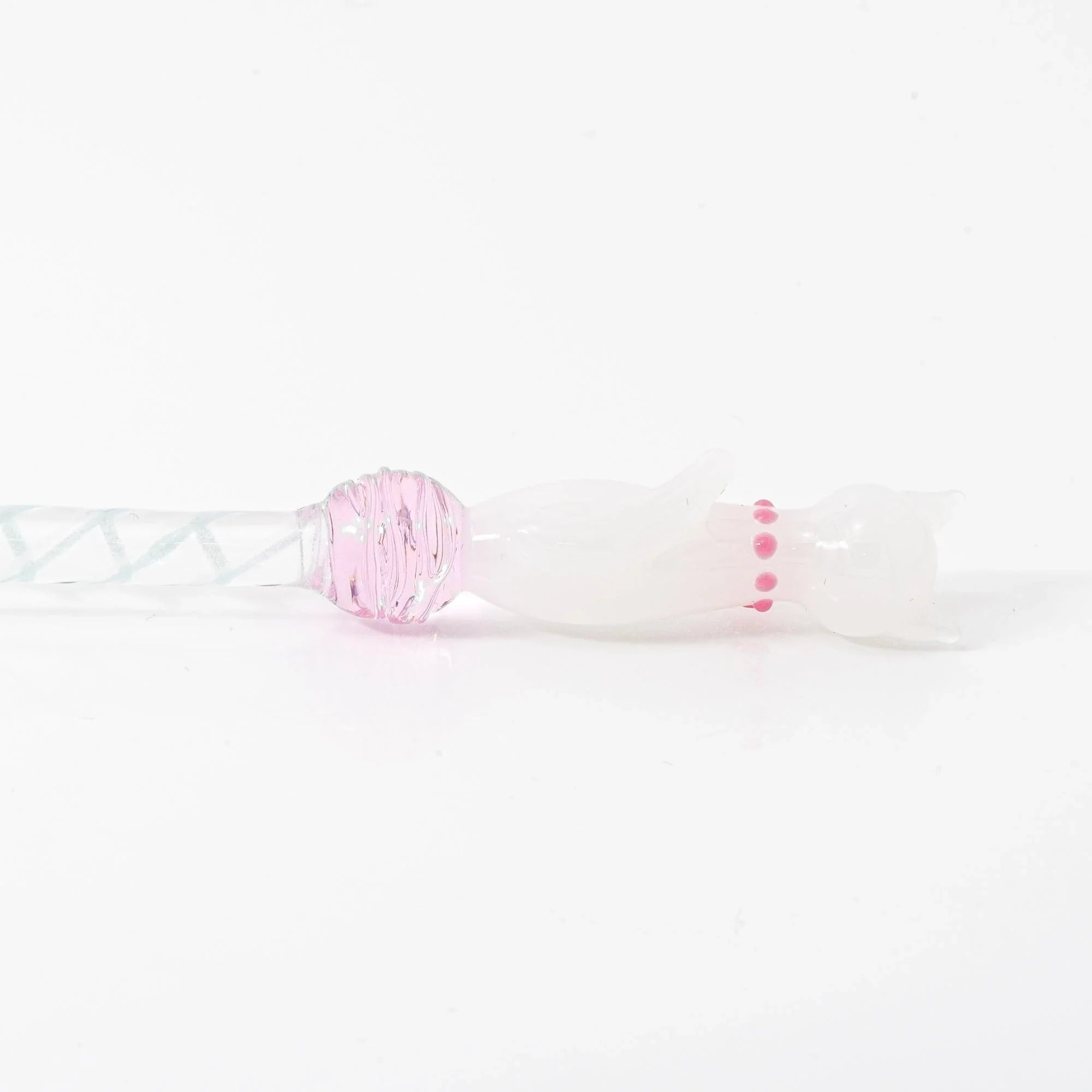 White sitting Nyanko cat glass dip pen full composition showing clear transparent barrel with cat figure