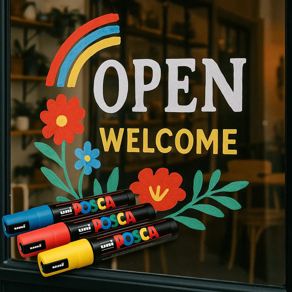 Colorful floral and rainbow artwork with “OPEN WELCOME” sign drawn on a storefront window using Japanese POSCA pens for glass.