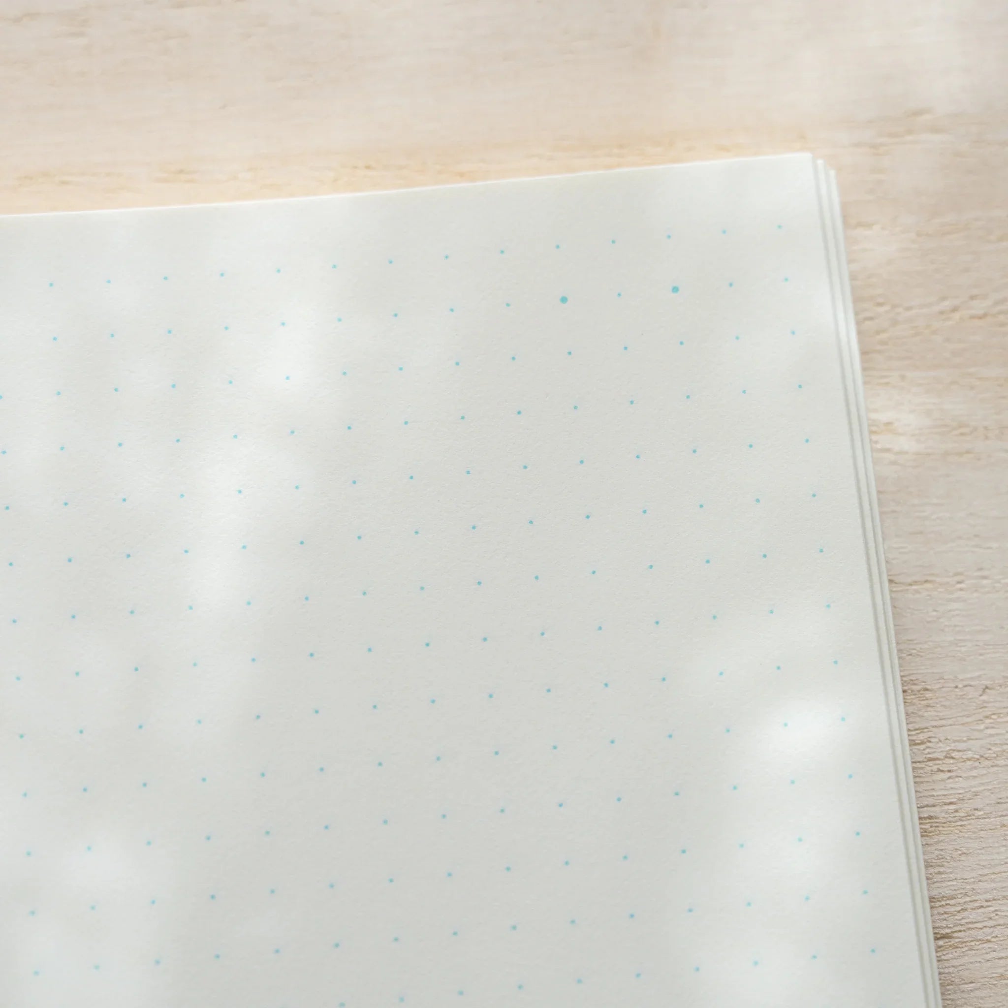 Close-up of Midori MD Notebook A5 corner showing ivory dot grid pages with light teal dots and rounded corners on wood