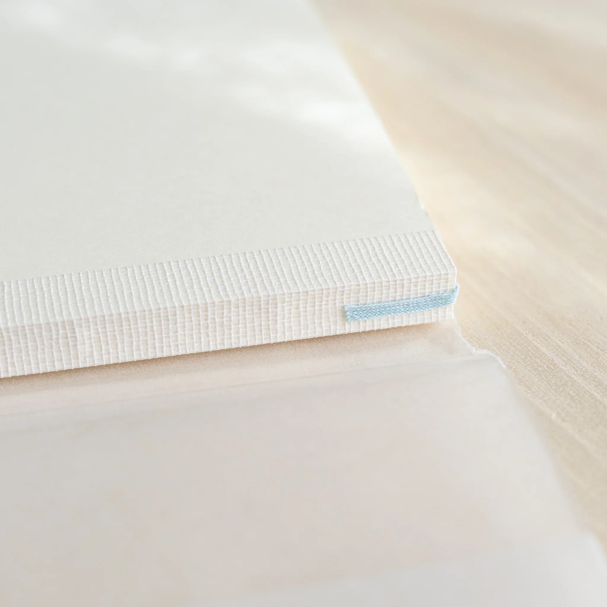 Close-up of Midori MD Notebook A5 spine corner showing ivory page stack, thread-stitched binding, and light blue satin ribbon