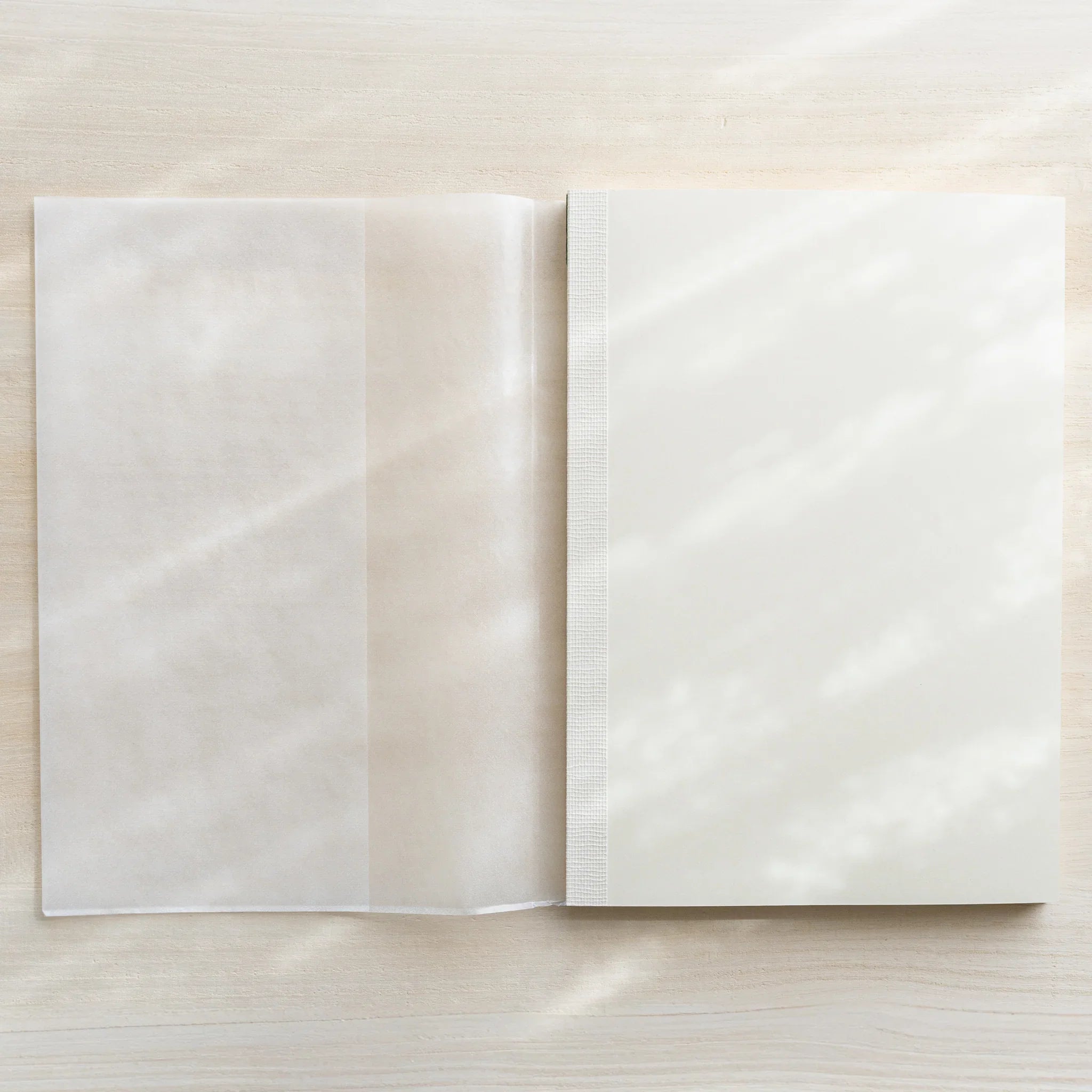 Two Midori MD Notebook A5 in glassine wrapping placed side by side on wood surface, no belly bands
