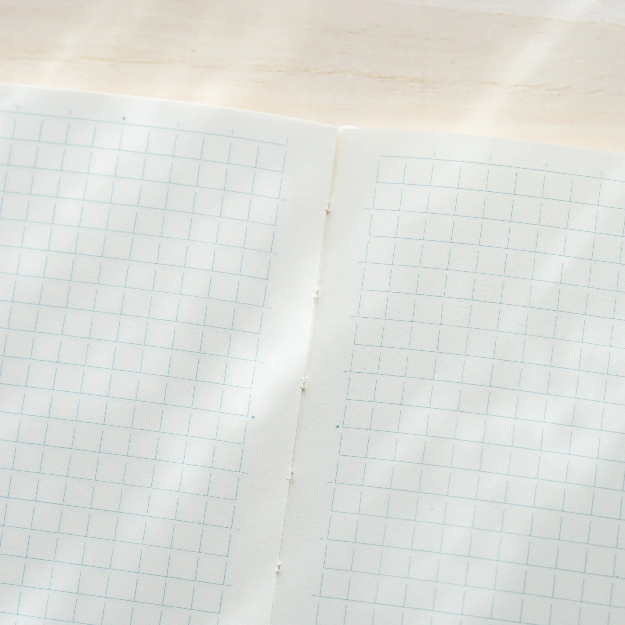 Midori MD Notebook A5 opened to grid spread, close-up showing thread-stitching detail on center spine and white grid pages