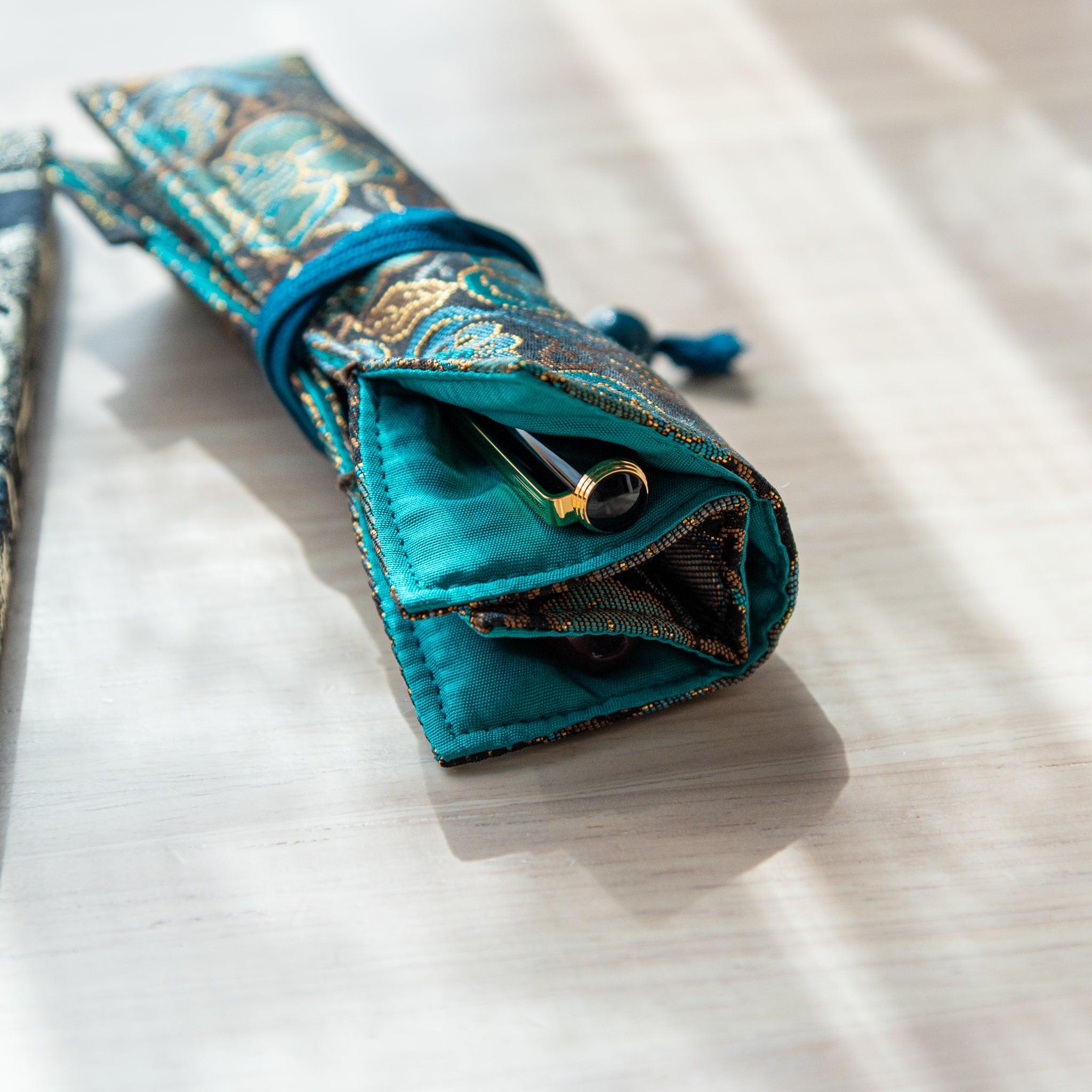 Teal Blossom Nishijin Silk Fountain Pen Case