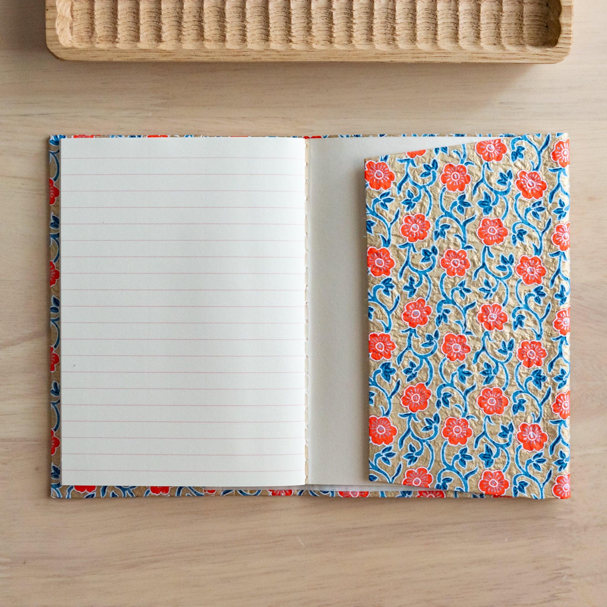 Open notebook with floral-patterned fabric cover and lined pages, showing an inner pocket on the right side.