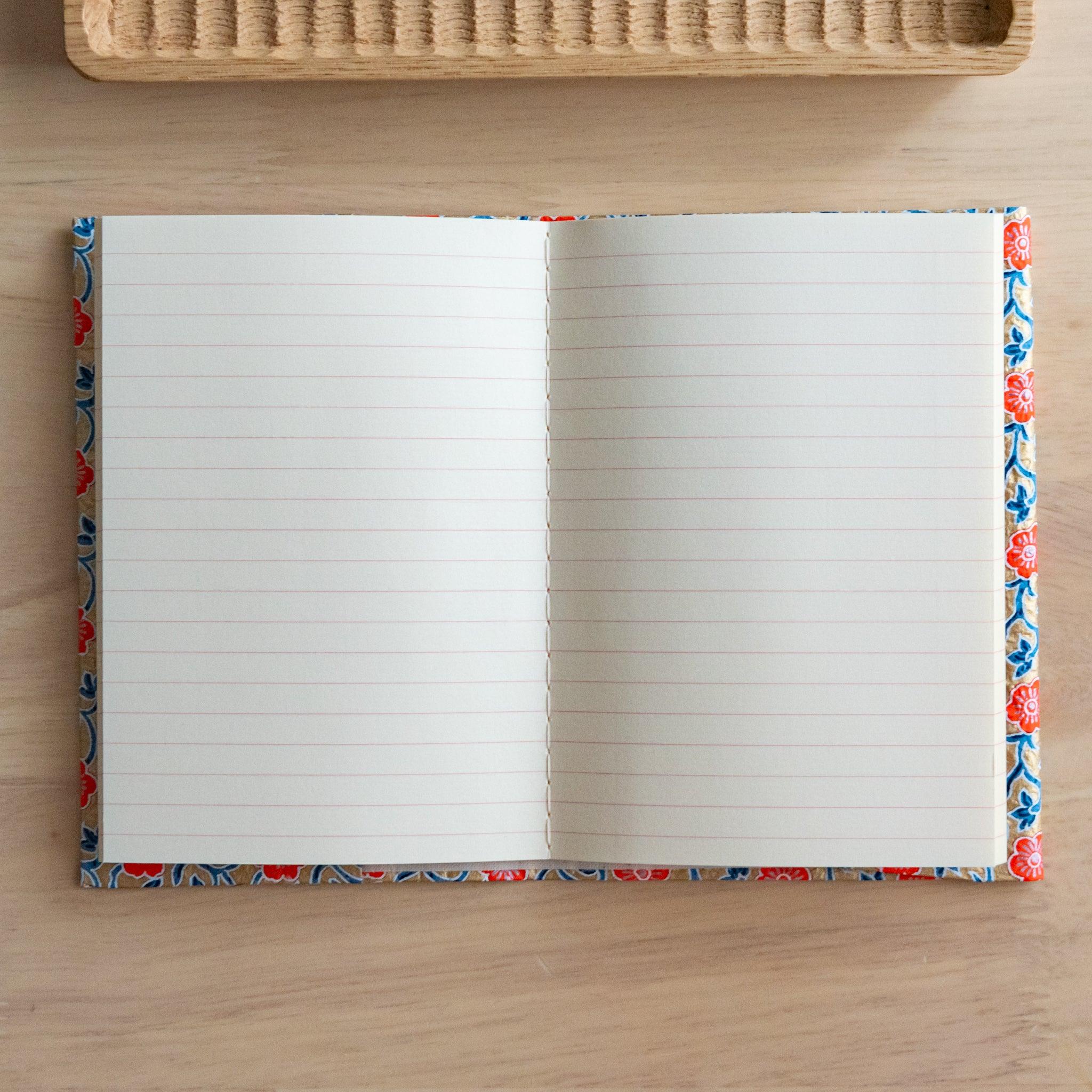 Notebook opened to two lined pages, surrounded by a floral-patterned cover, on a light wooden table.