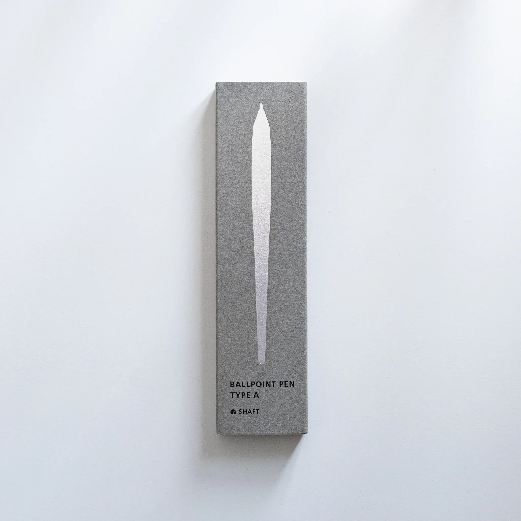 Single rectangular gray cardboard packaging box for Ballpoint Pen Type A featuring SHAFT logo and product label