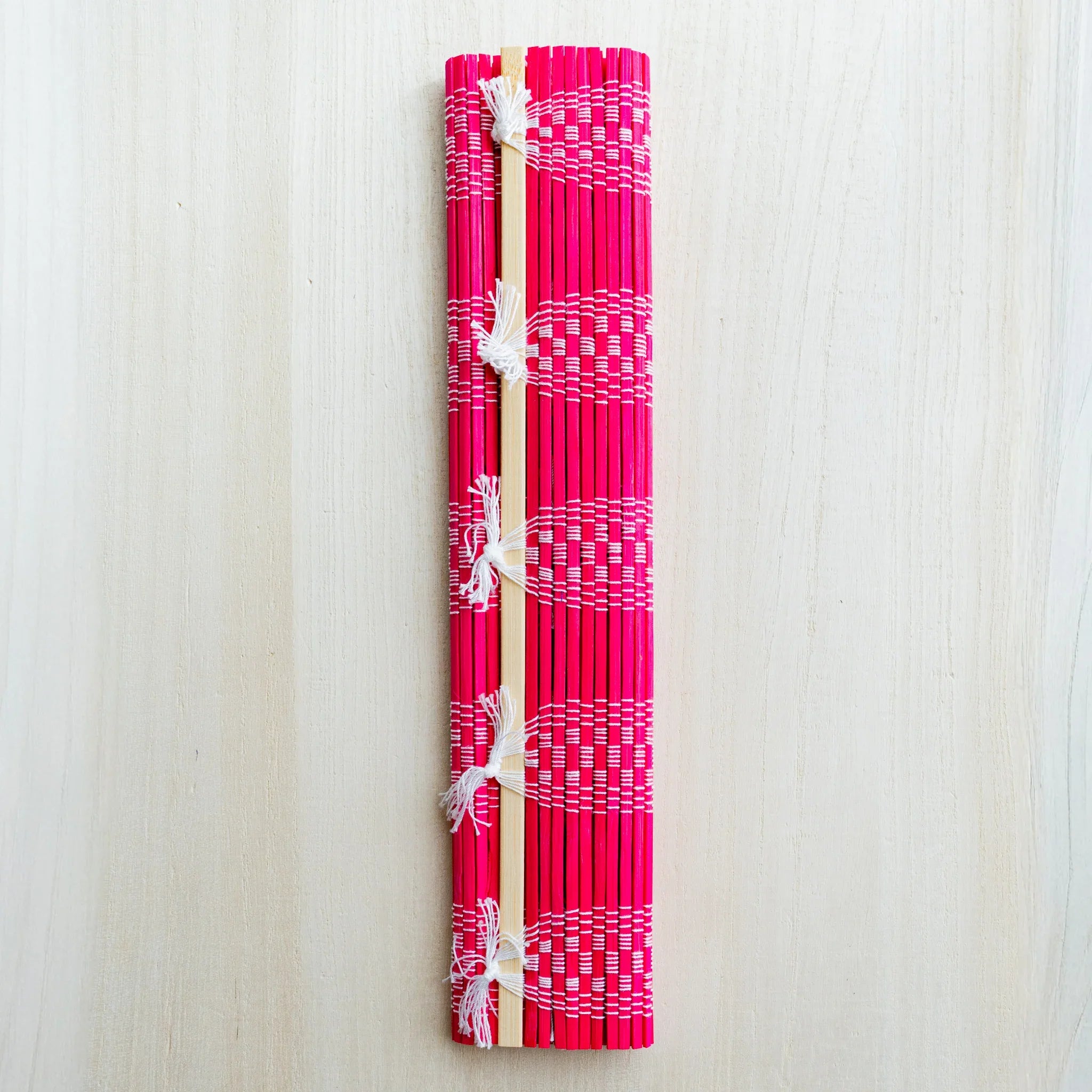 Akashiya bamboo brush holder roll, red, hand-woven by Akashiya brushmaker in Nara