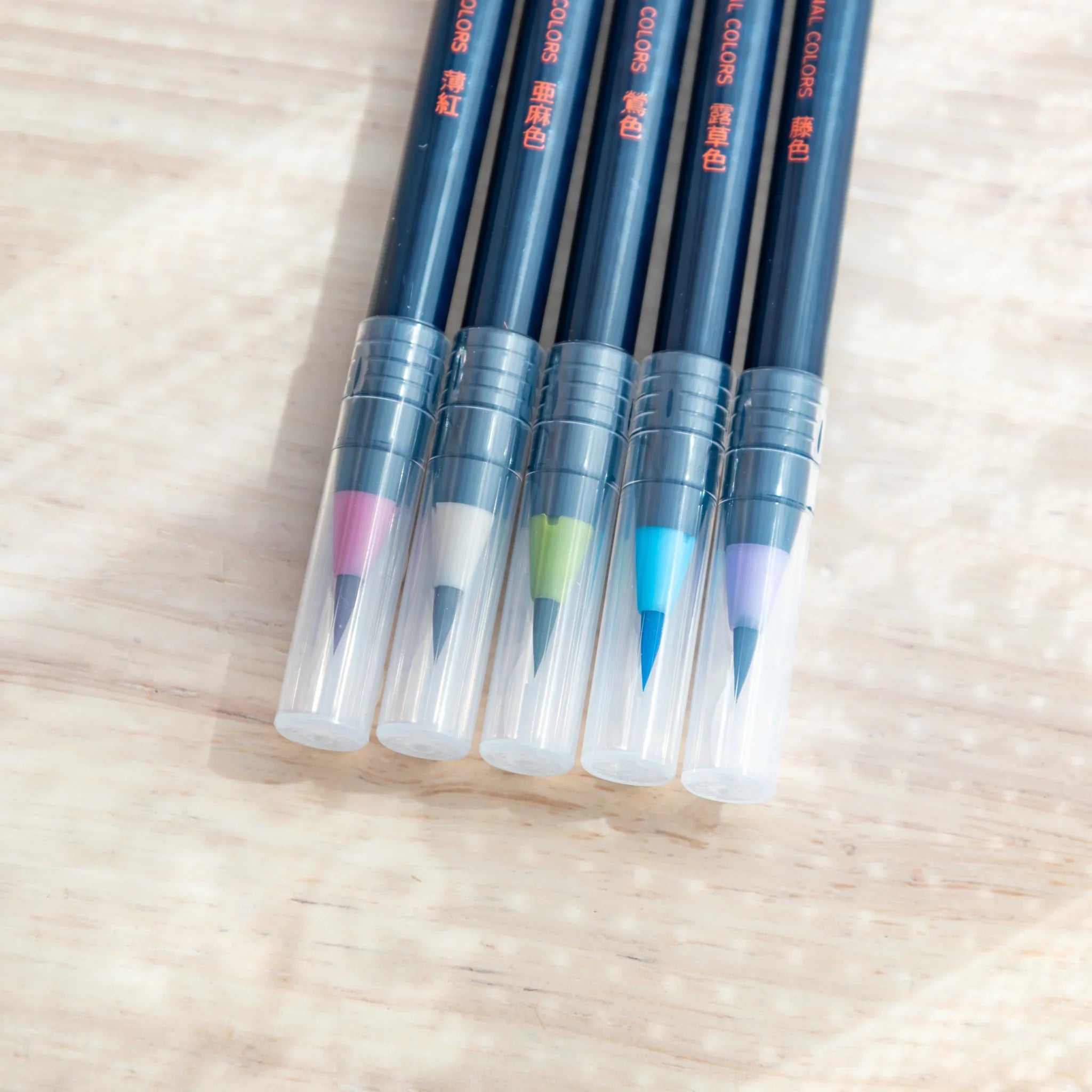 Close-up of Akashiya Sai Japanese Brush Pen set with 5 traditional subtle tones in a clear plastic case.