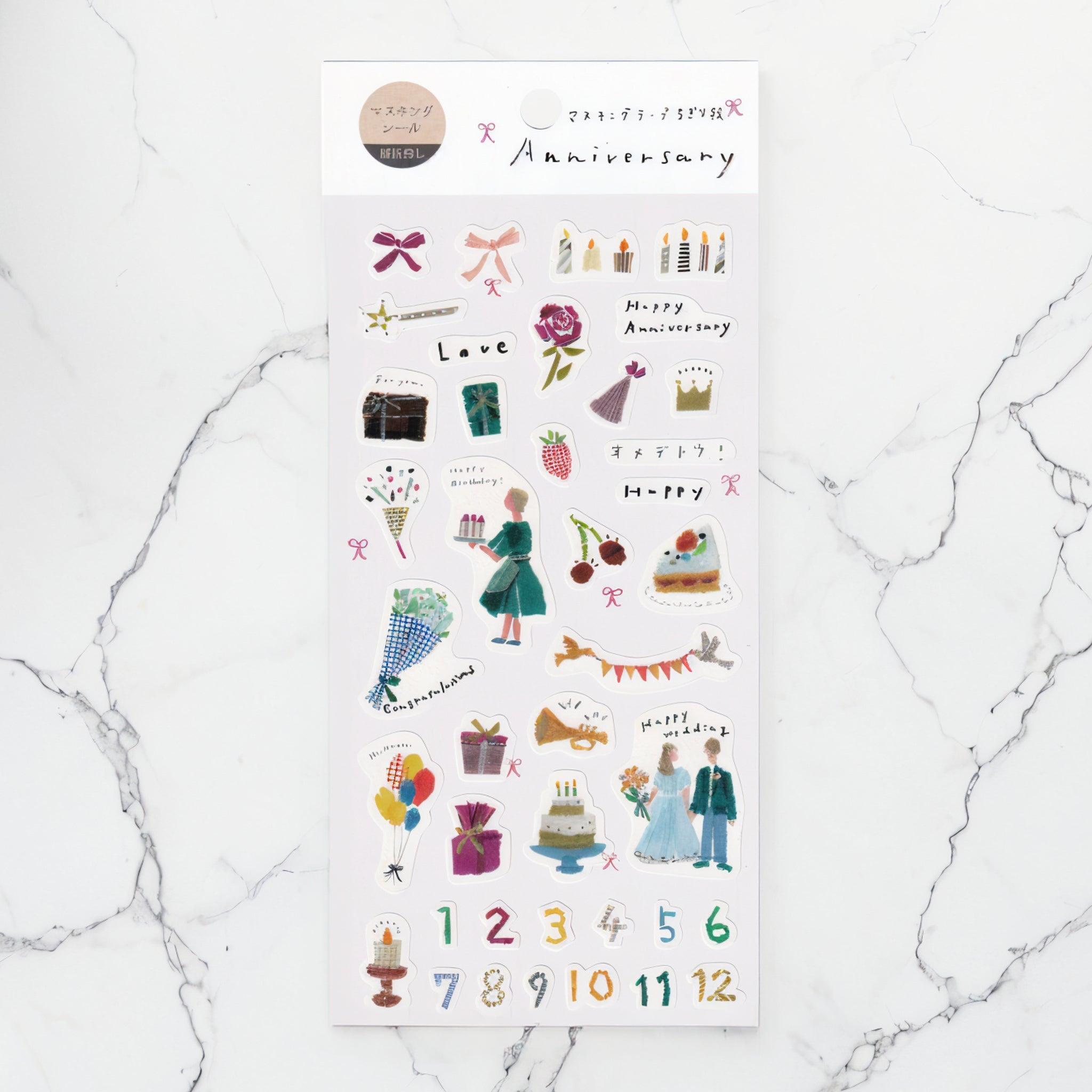 A Japanese stationery washi sticker sheet featuring anniversary-themed designs, including cakes, candles, flowers, gifts, and a wedding couple, in an elegant watercolor style.