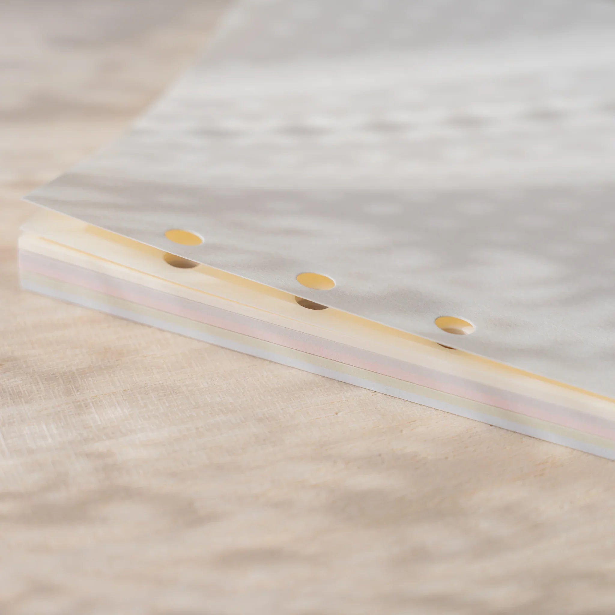Edge view of Takeo Paper Araveal Bible-size planner refill stack showing the 5 color paper layers.