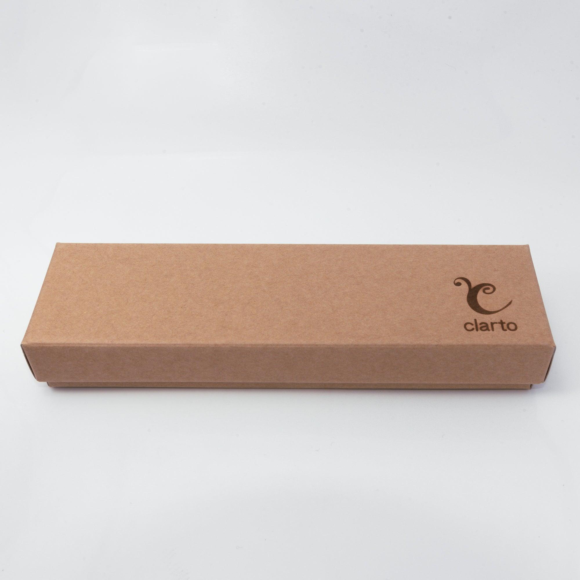 Brown kraft paper box for glass pen with the Clarto logo, showcasing minimalist and eco-friendly packaging.