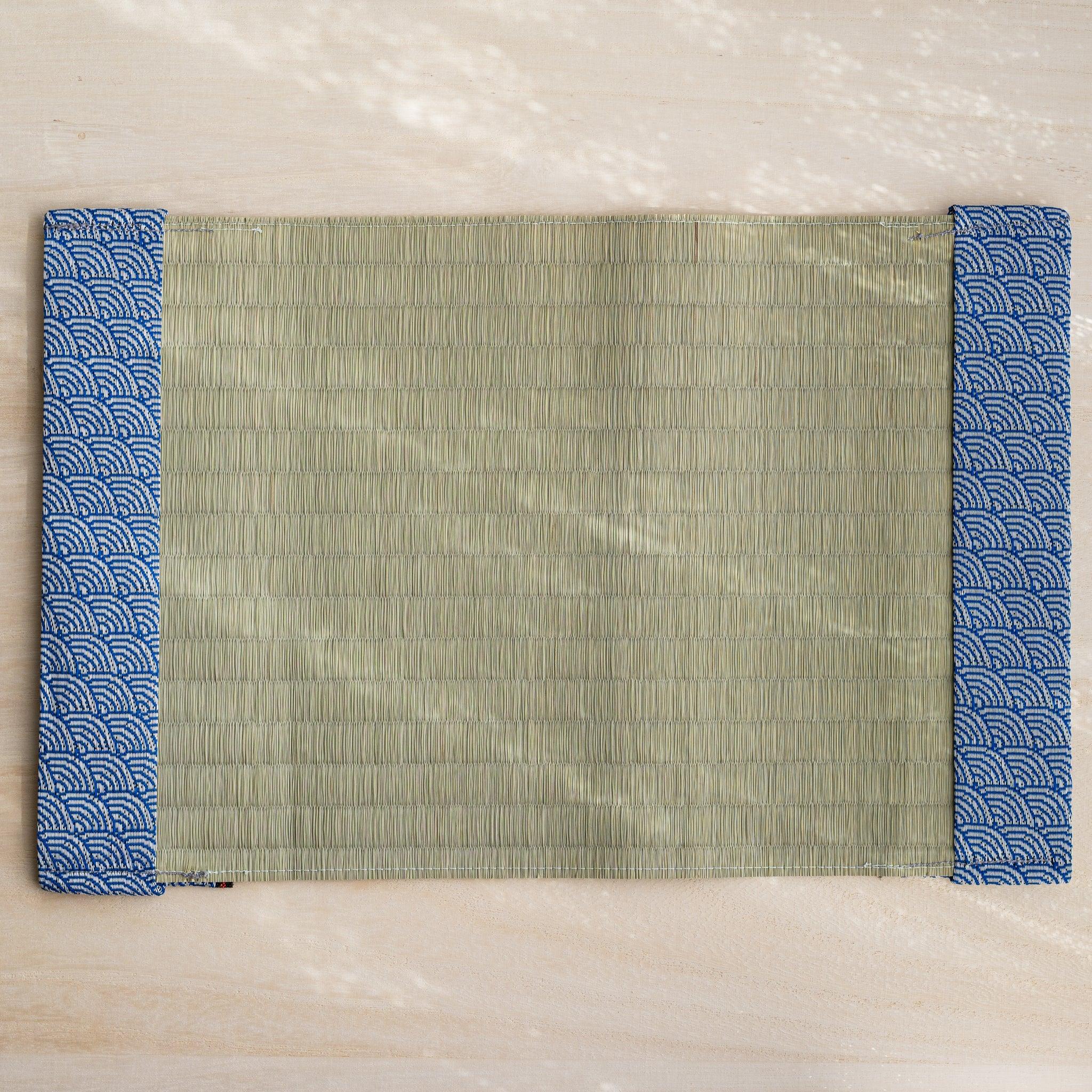 Blue Yachiyo tatami book cover unfolded flat, outer side up, rush straw center with wave pattern flaps at both ends
