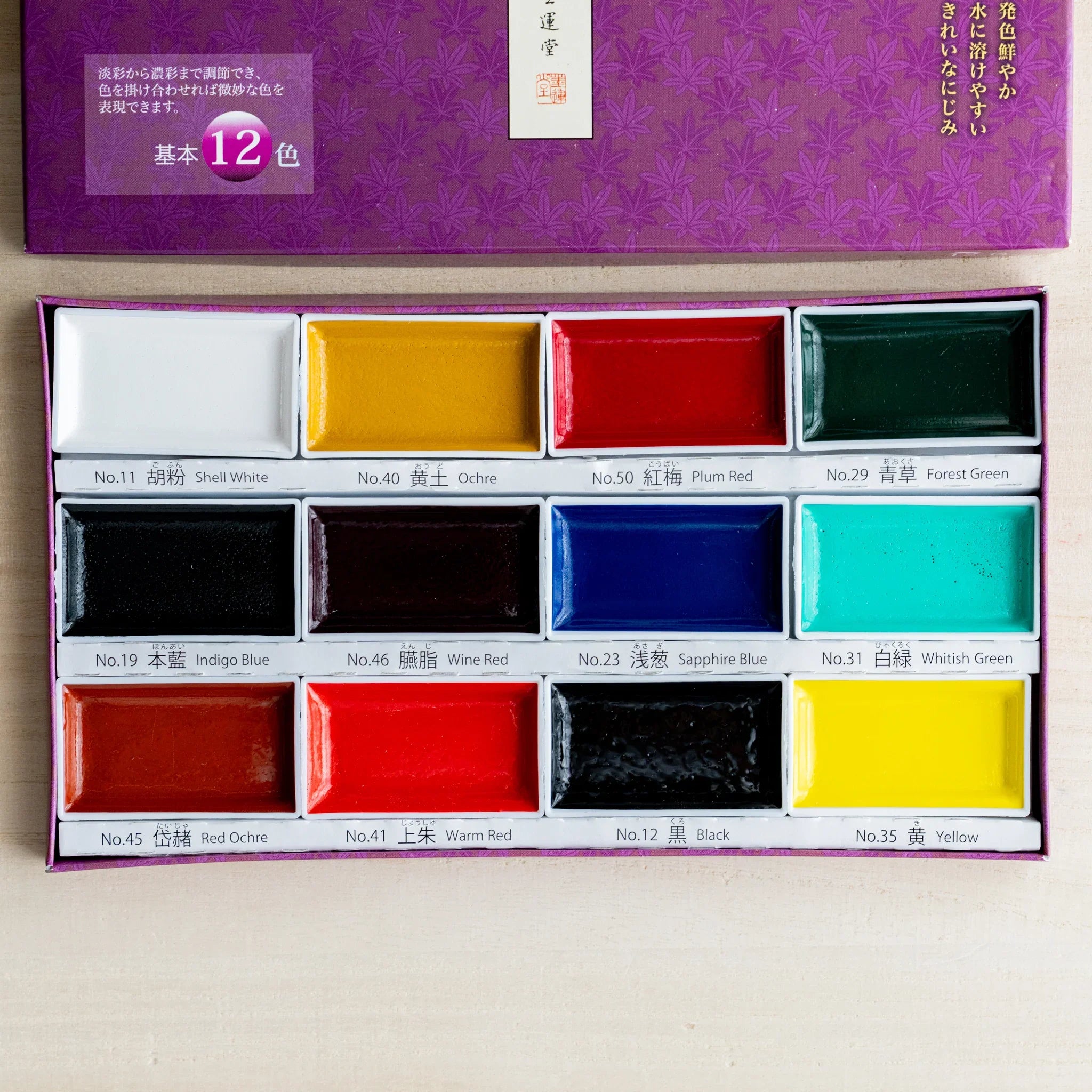 Open Gansai 12-color box showing twelve dry watercolor pans in three rows of four, with Japanese and English labels