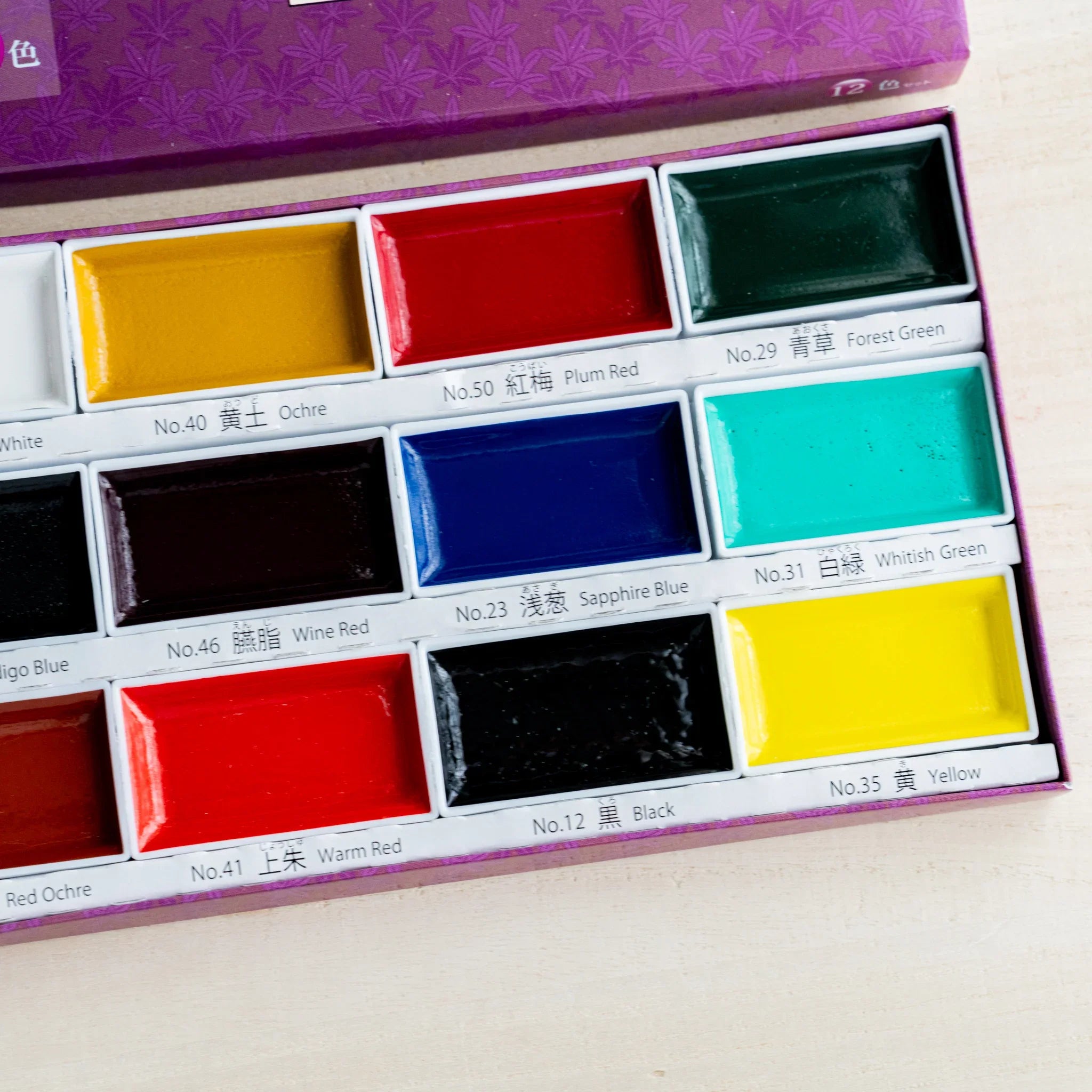 Close-up of right portion of Gansai 12-color watercolor box showing eight pans including Forest Green and Yellow