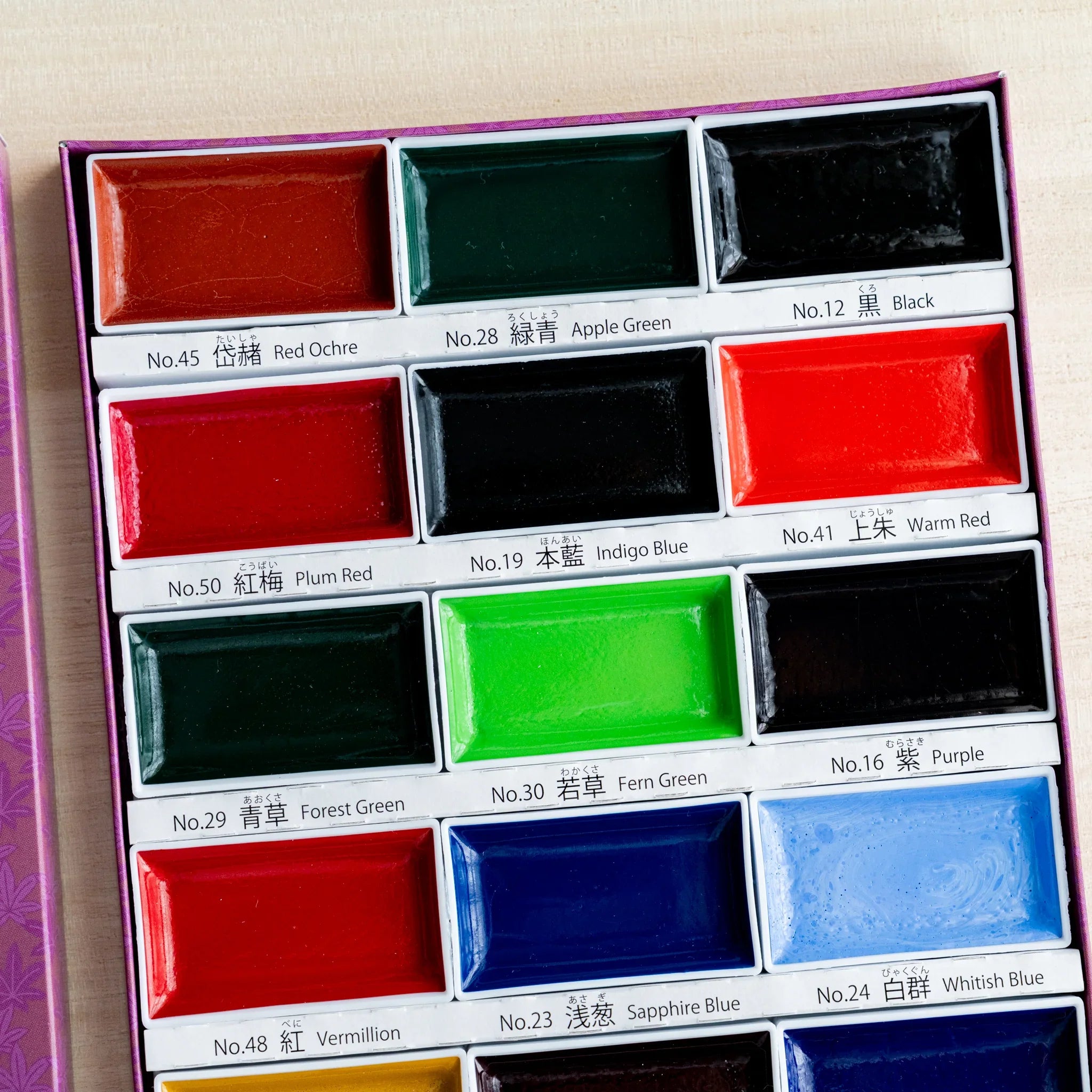 Close-up of upper portion of Boku-Undo Gansai 18-color watercolor box showing fifteen pans with traditional color labels