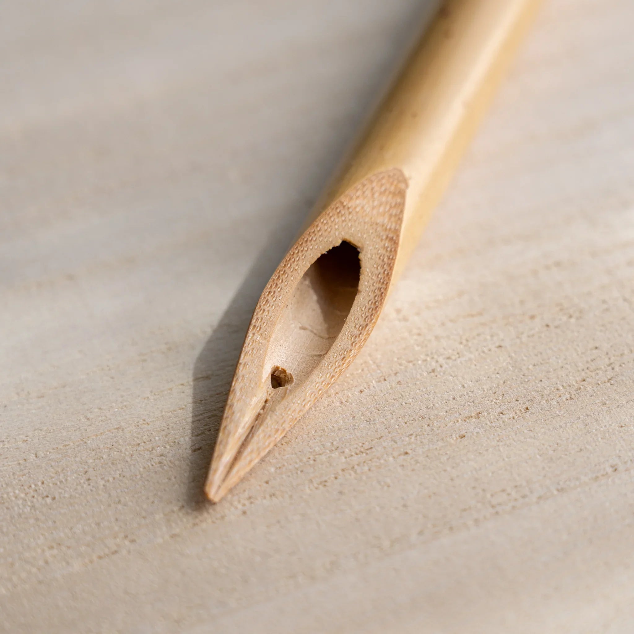 Extreme close-up of Boku-Undo bamboo dip pen nib showing split hollow tip and natural bamboo fiber texture