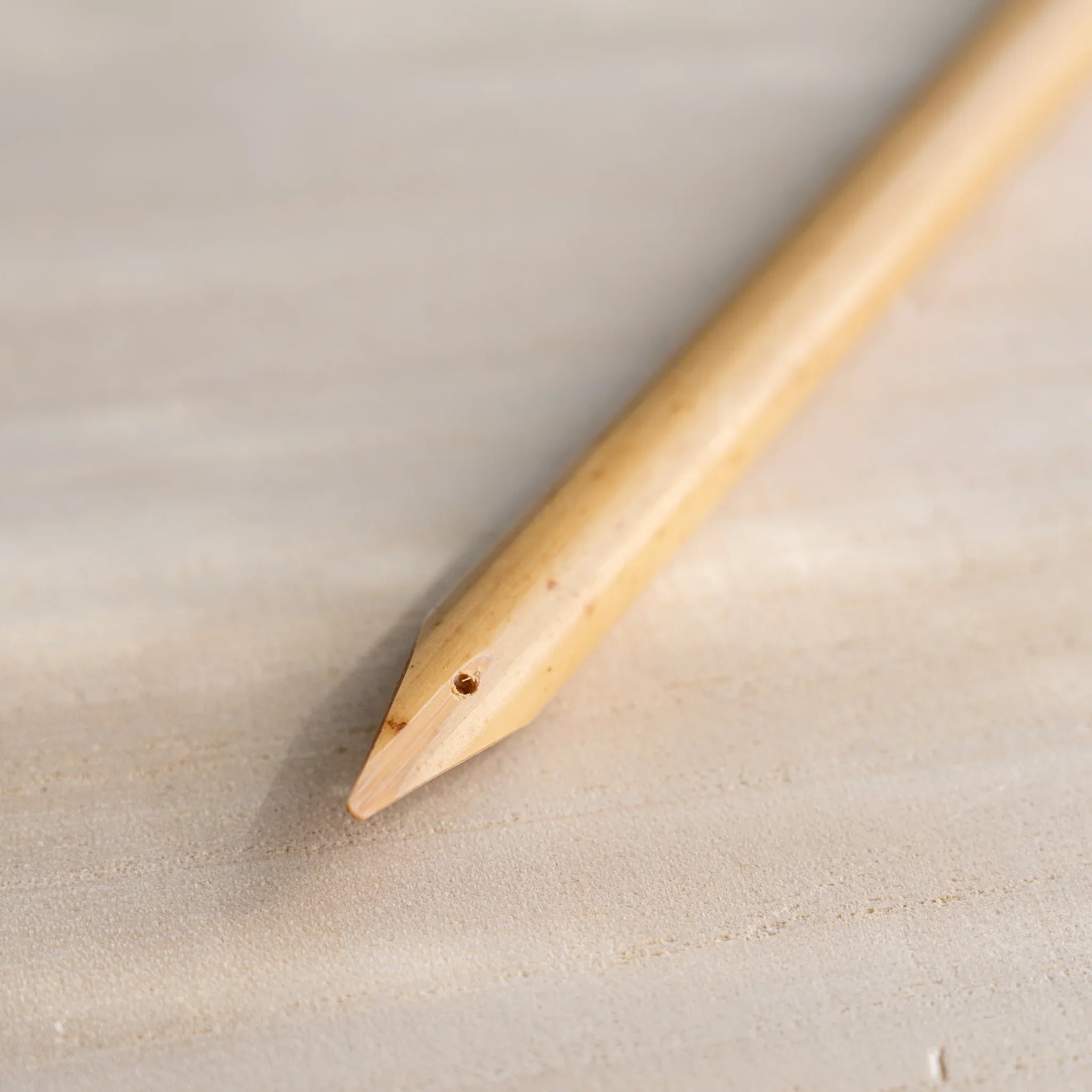 Close-up side view of Boku-Undo bamboo dip pen tip narrowing to a sharp point, natural bamboo grain visible
