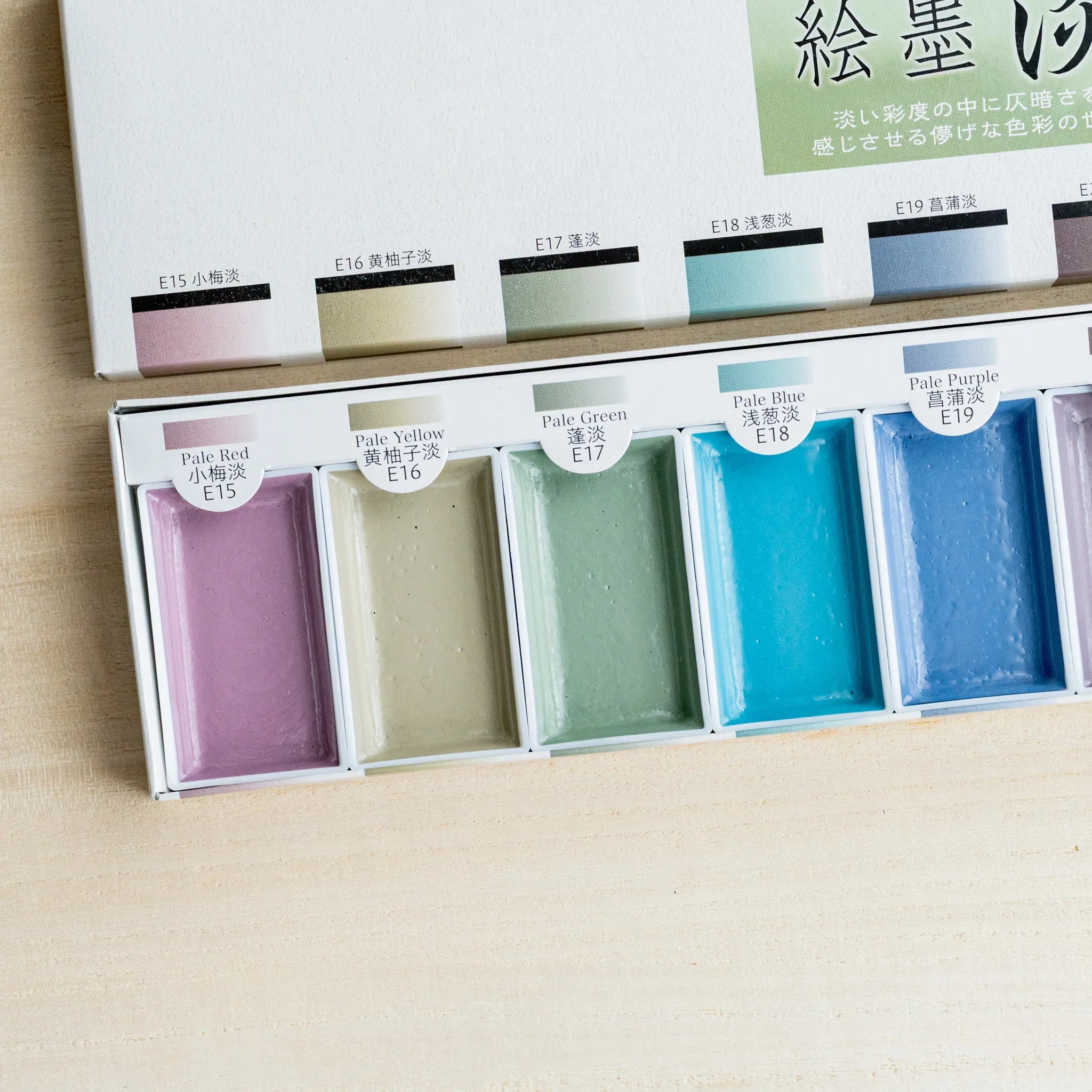 Close-up left half of open Pastel Colors sumi ink watercolor box showing five soft pastel pans labeled E15 to E19