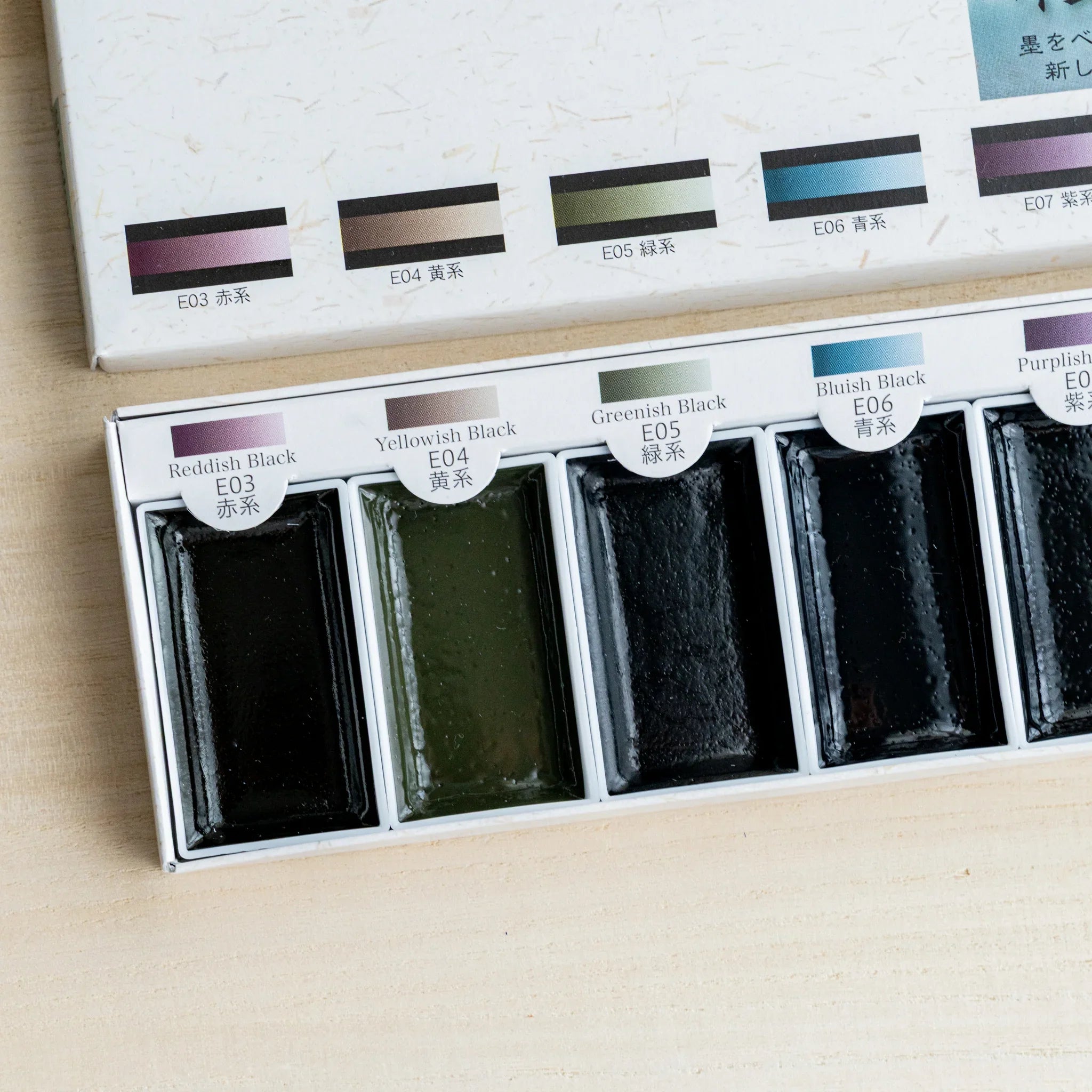 Close-up left half of open Shadow Black sumi ink watercolor box showing four dark pans labeled E03 to E06