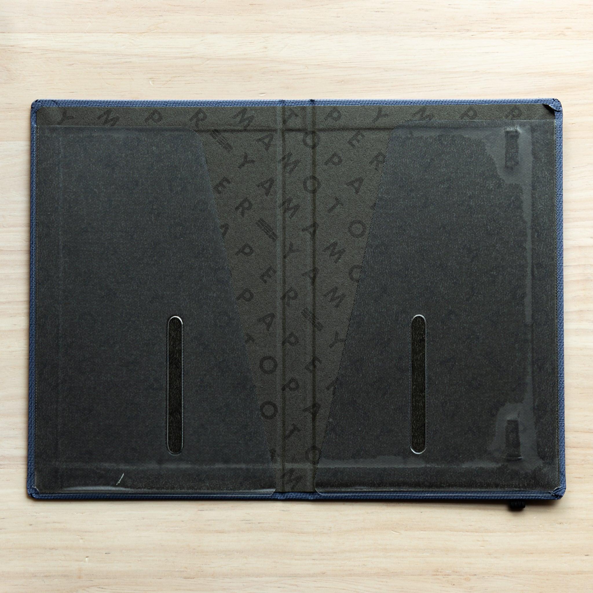 Bullet Jotter interior open flat, clear pockets with Yamamoto Paper pattern and two vertical pad slots, royal blue edging