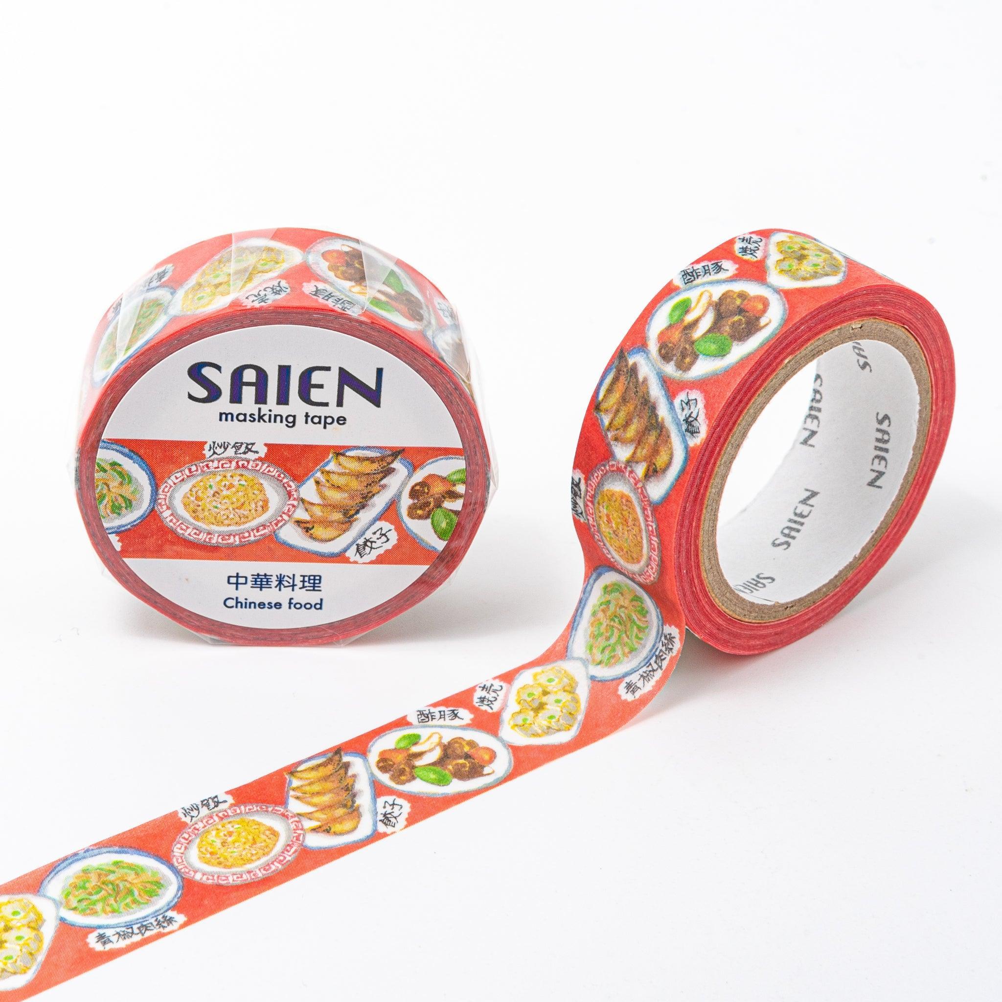 Red washi tape from Japanese stationery brand SAIEN, featuring illustrations of Chinese food dishes like dumplings, stir-fry, and noodles on a vibrant red background.  