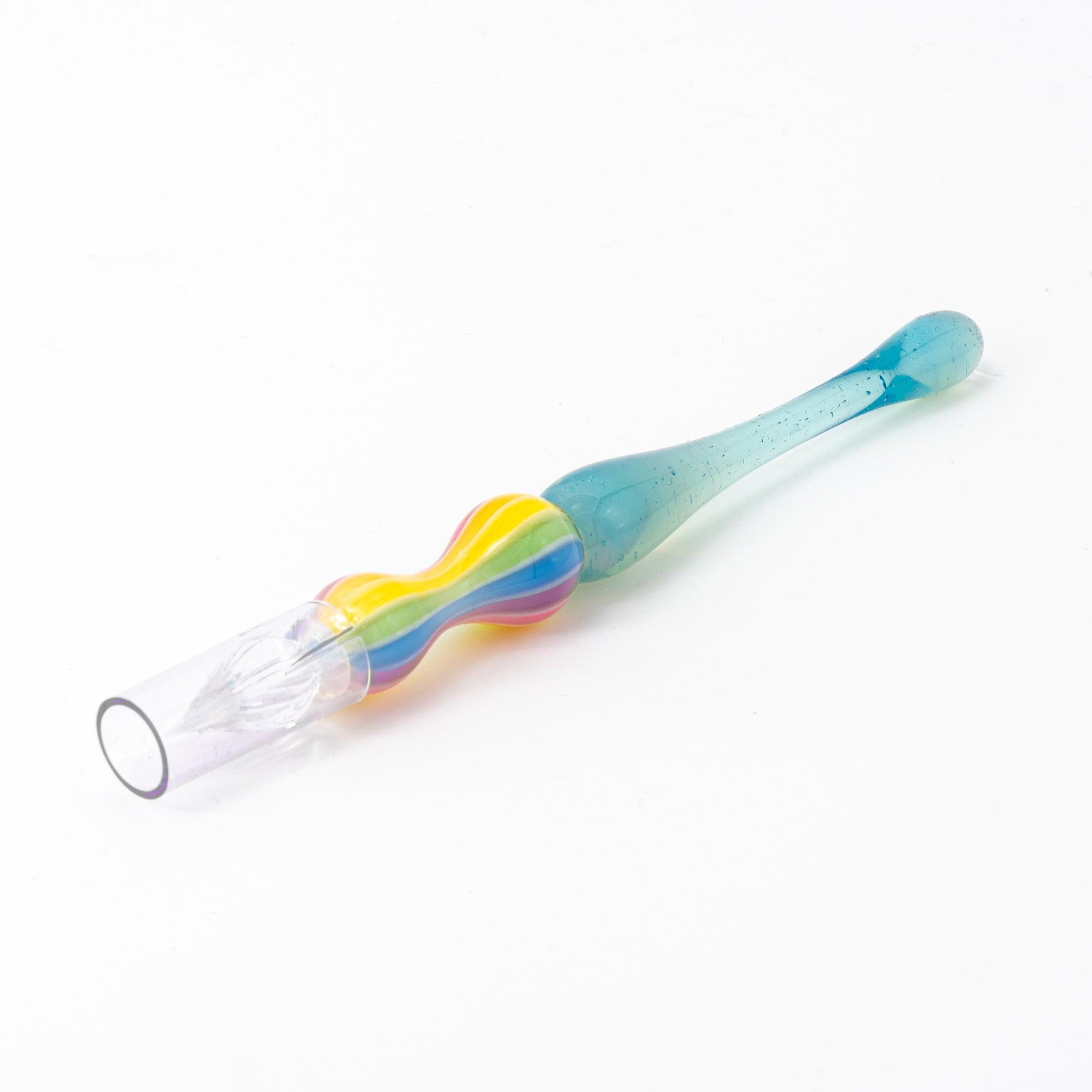 Rainbow balloon glass pen with a blue handle, photographed on a white background. Perfect for Japanese stationery and glass pen enthusiasts.