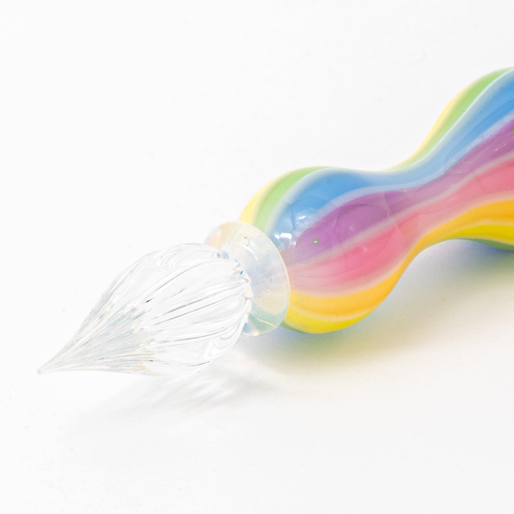 Rainbow balloon glass pen with a blue handle, photographed on a white background. Perfect for Japanese stationery and glass pen enthusiasts.