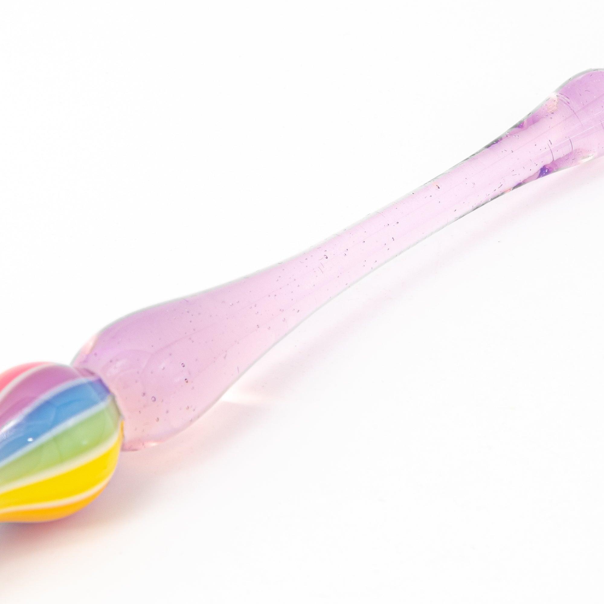 Pastel purple glass pen with rainbow-striped handle displayed on a white background, great for Japanese stationery and glass pen enthusiasts.