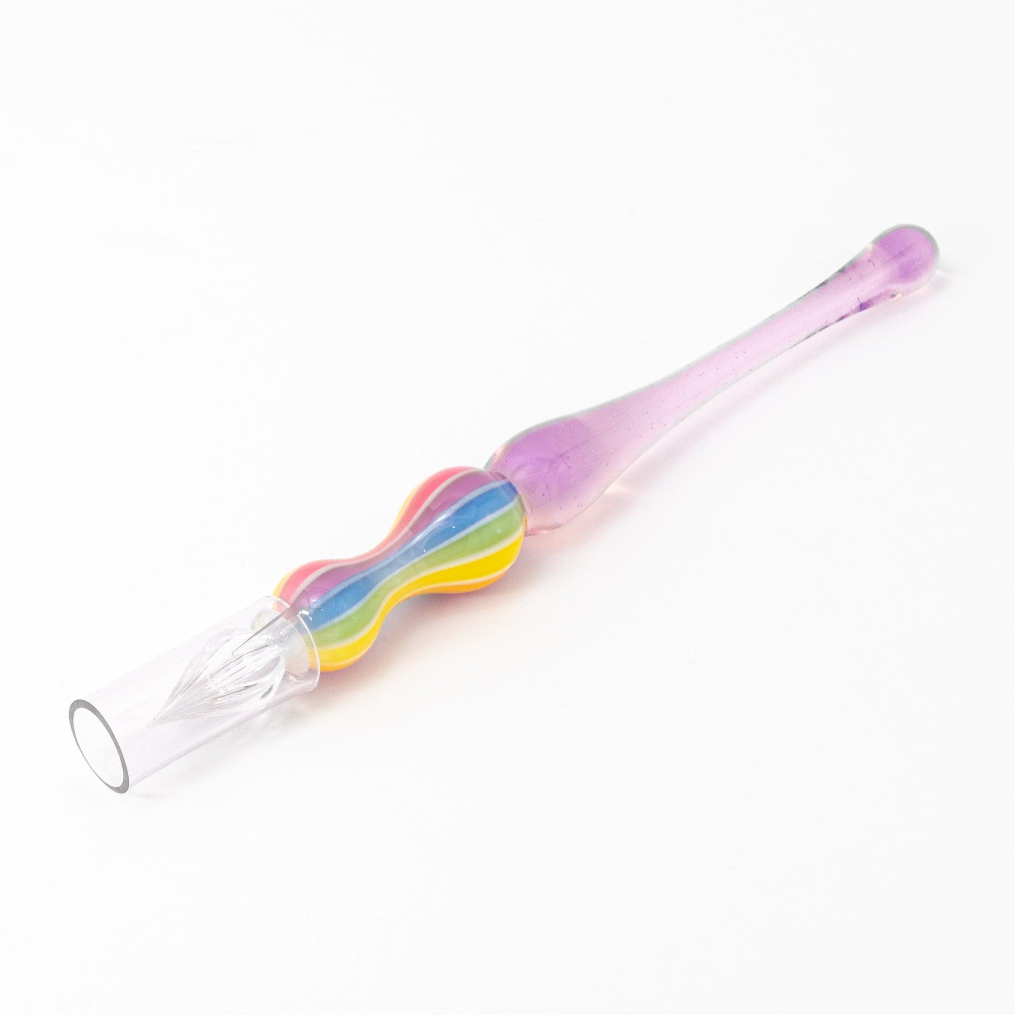 Pastel purple glass pen with rainbow-striped handle displayed on a white background, great for Japanese stationery and glass pen enthusiasts.