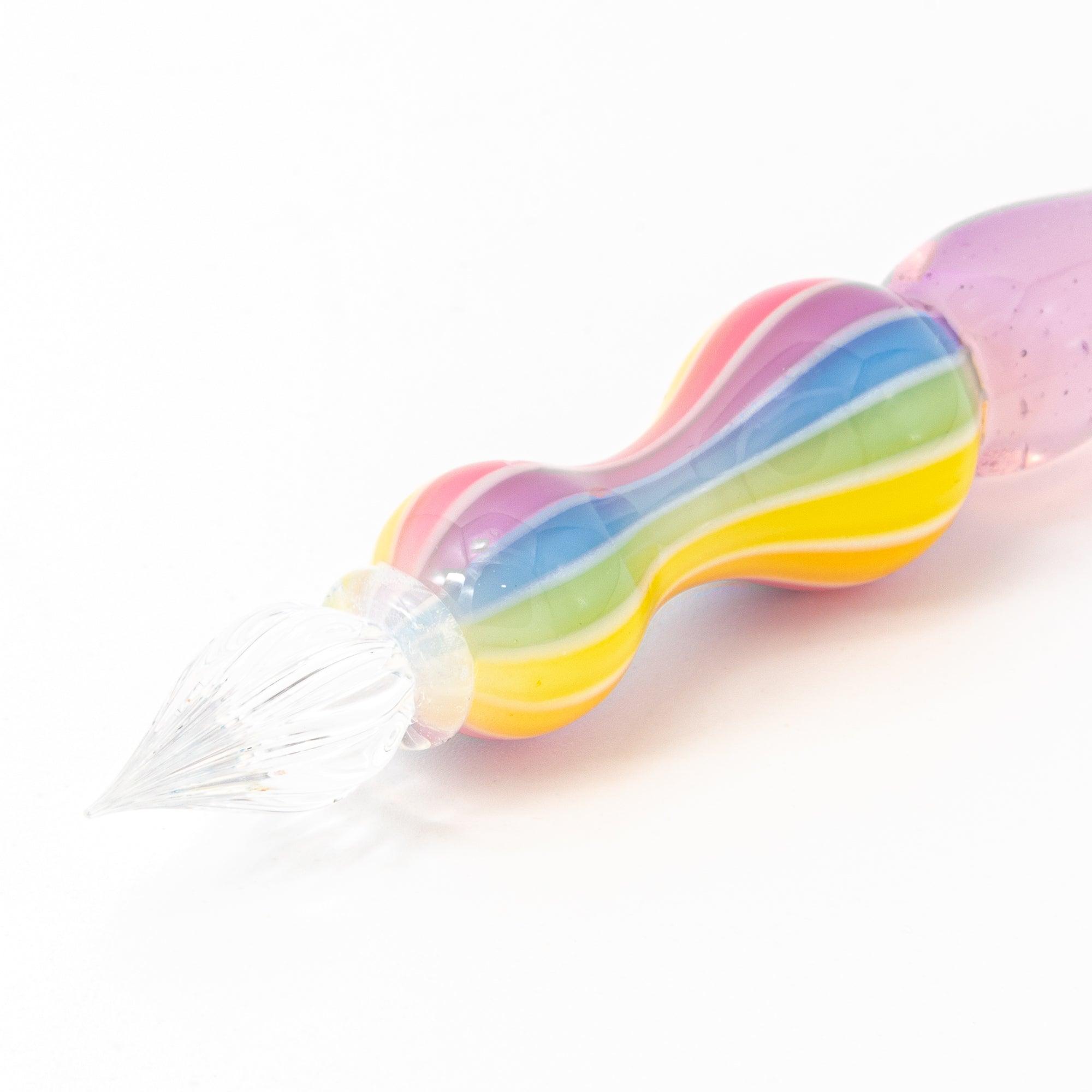 Pastel purple glass pen with rainbow-striped handle displayed on a white background, great for Japanese stationery and glass pen enthusiasts.